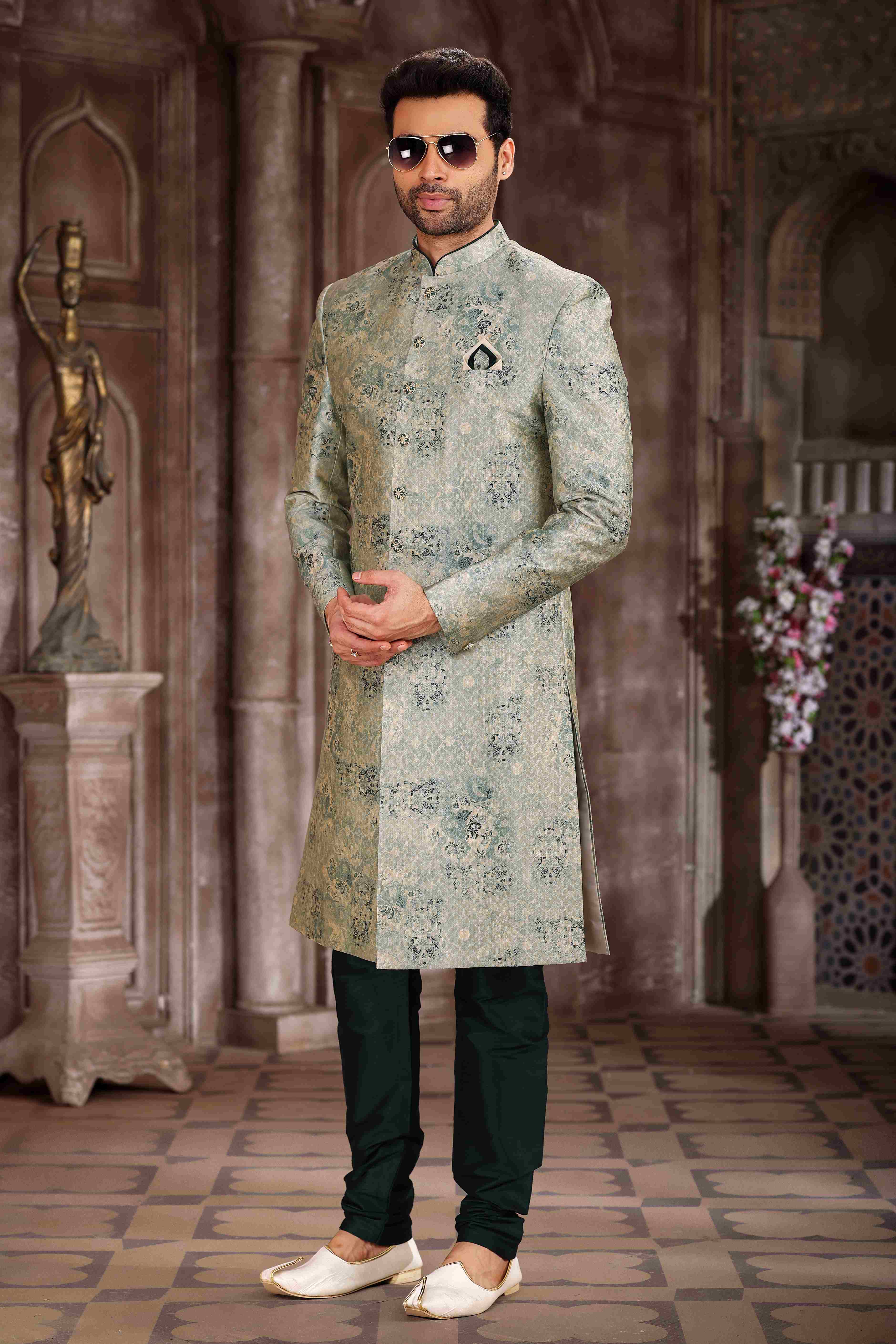 Raivat Ethnic Art Silk Digital Print Sherwani In Light Green Colour | Grocsy