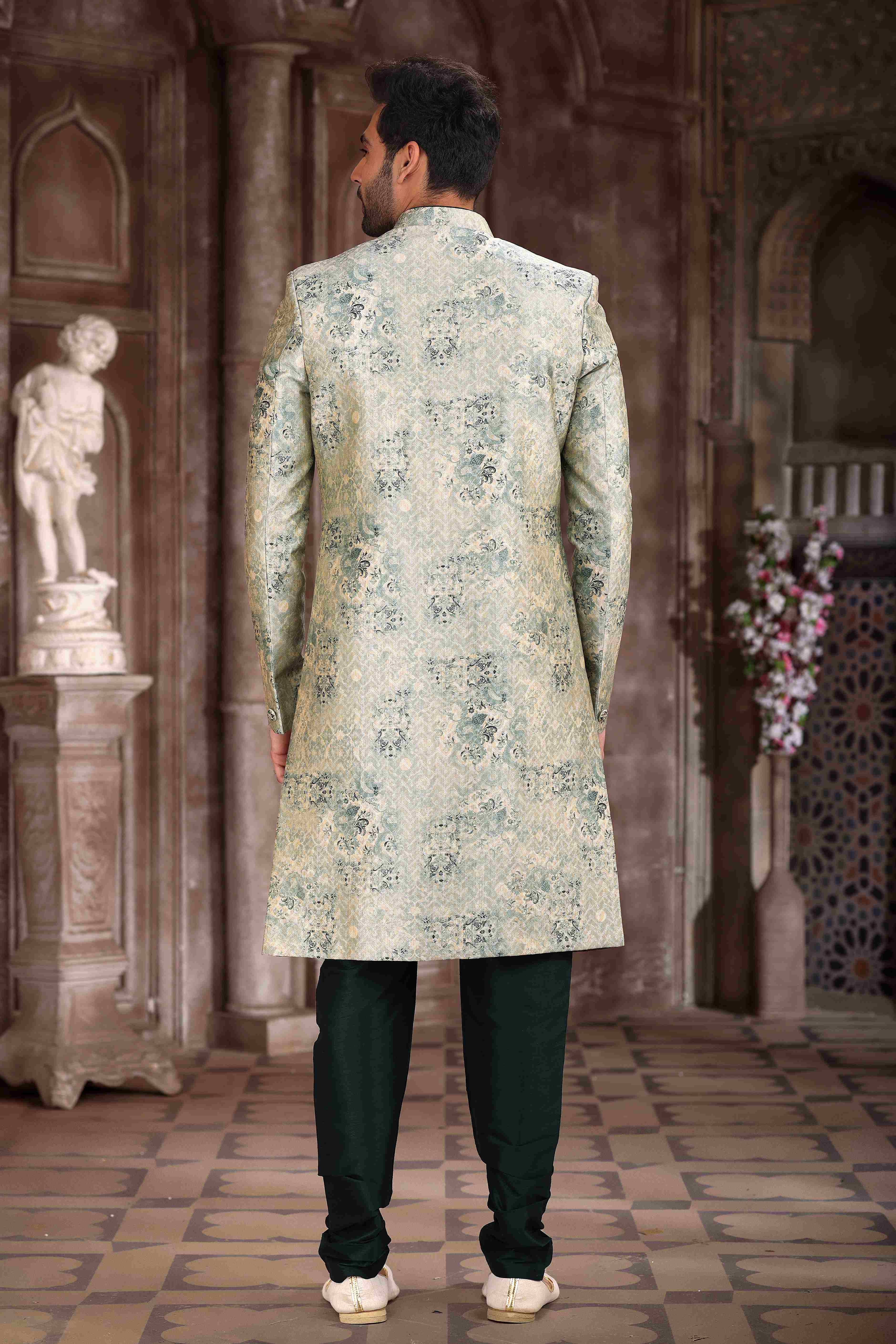 Raivat Ethnic Art Silk Digital Print Sherwani In Light Green Colour | Grocsy