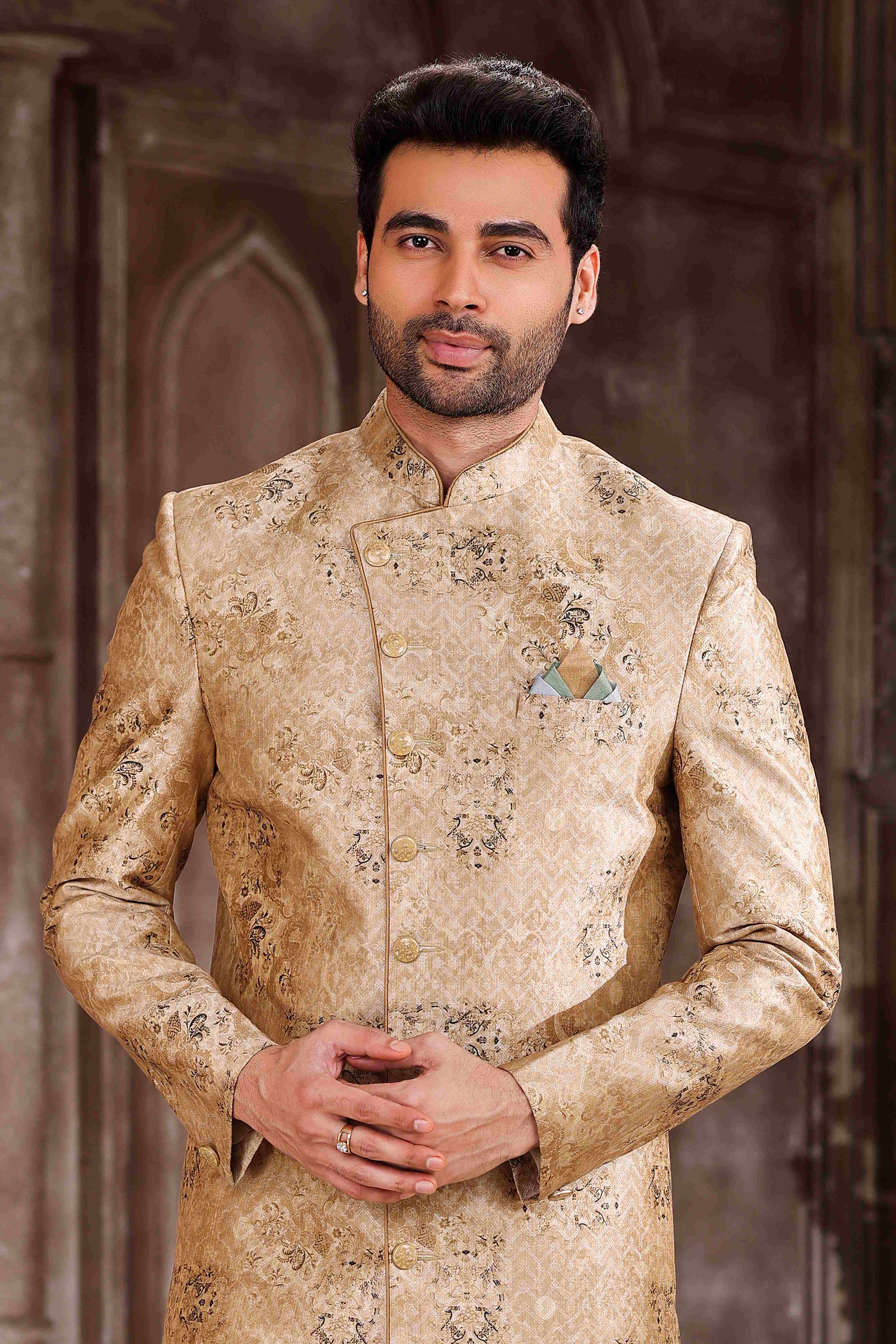 Raivat Ethnic Art Silk Digital Print Sherwani In Peach Colour | Grocsy