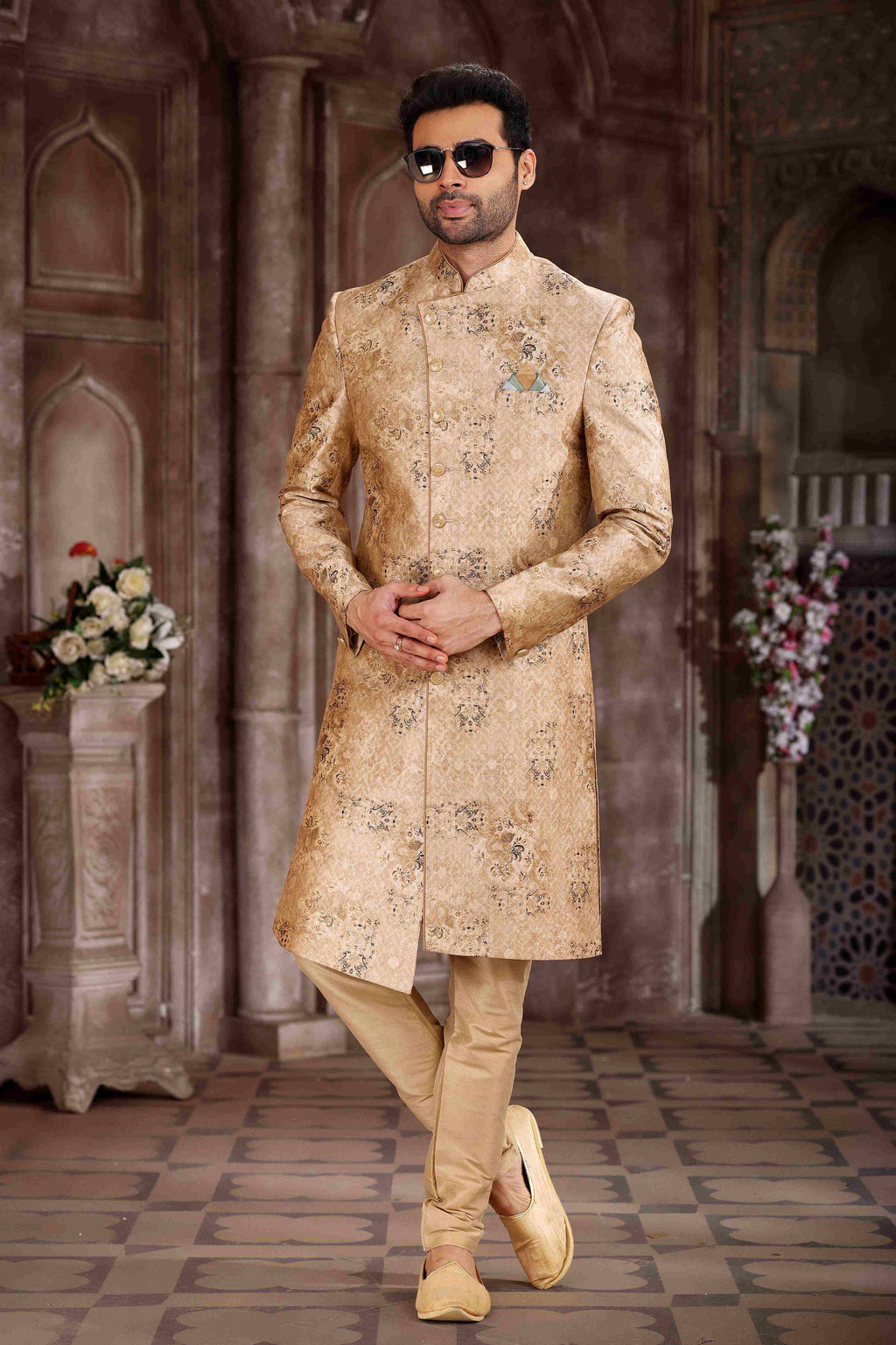 Raivat Ethnic Art Silk Digital Print Sherwani In Peach Colour | Grocsy