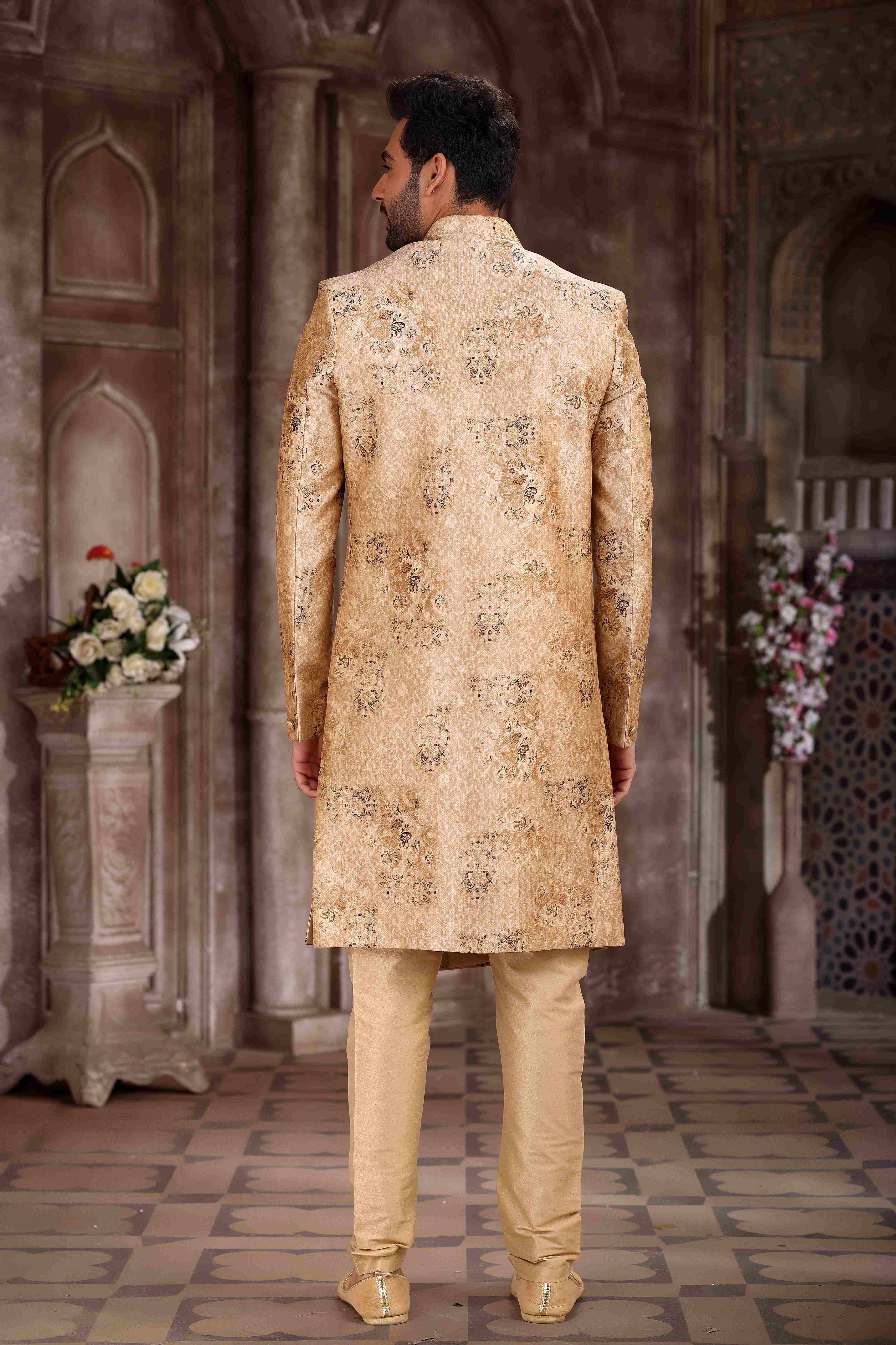 Raivat Ethnic Art Silk Digital Print Sherwani In Peach Colour | Grocsy