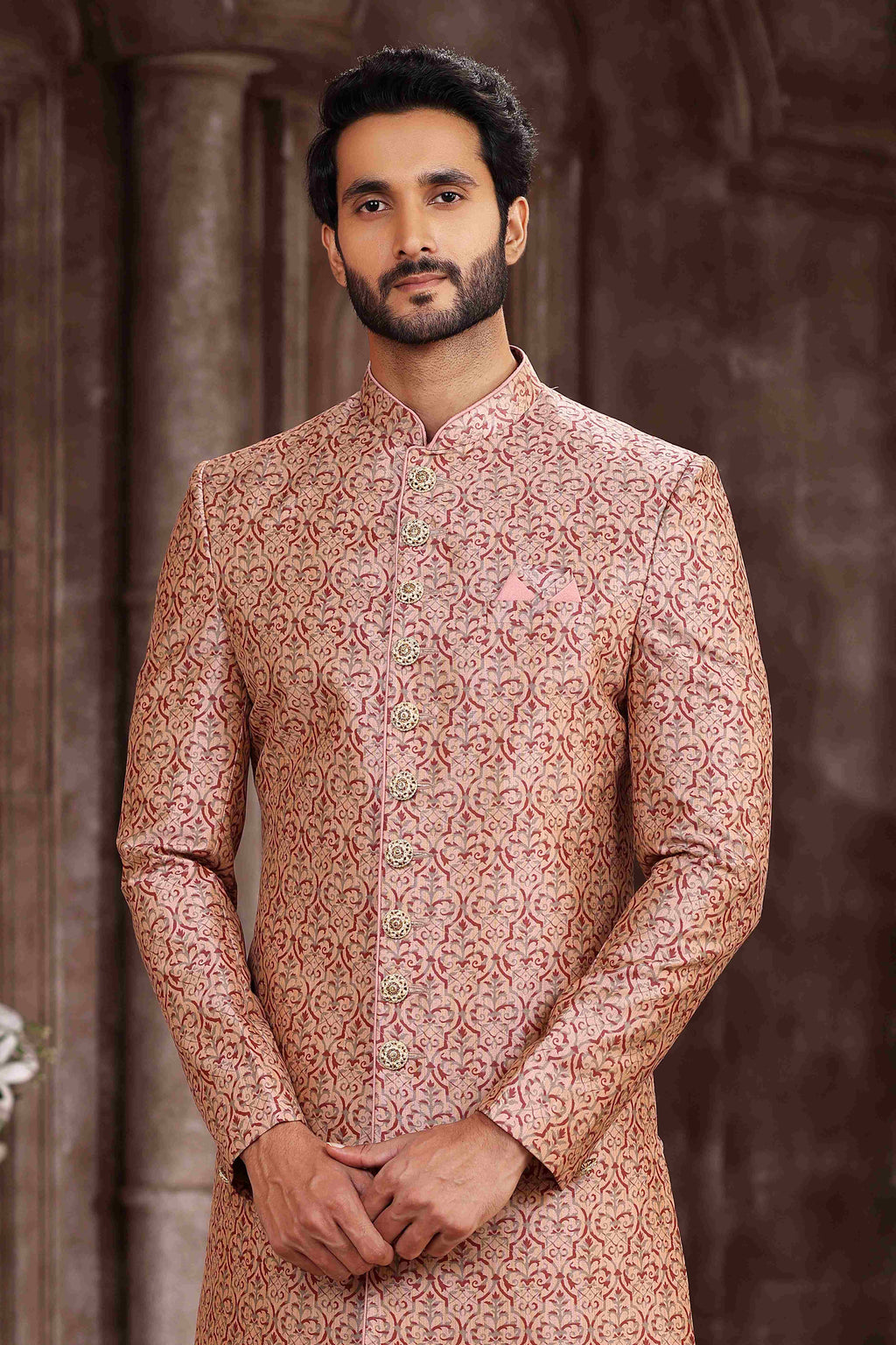 Raivat Ethnic Art Silk Digital Print Sherwani In Pink Colour | Grocsy