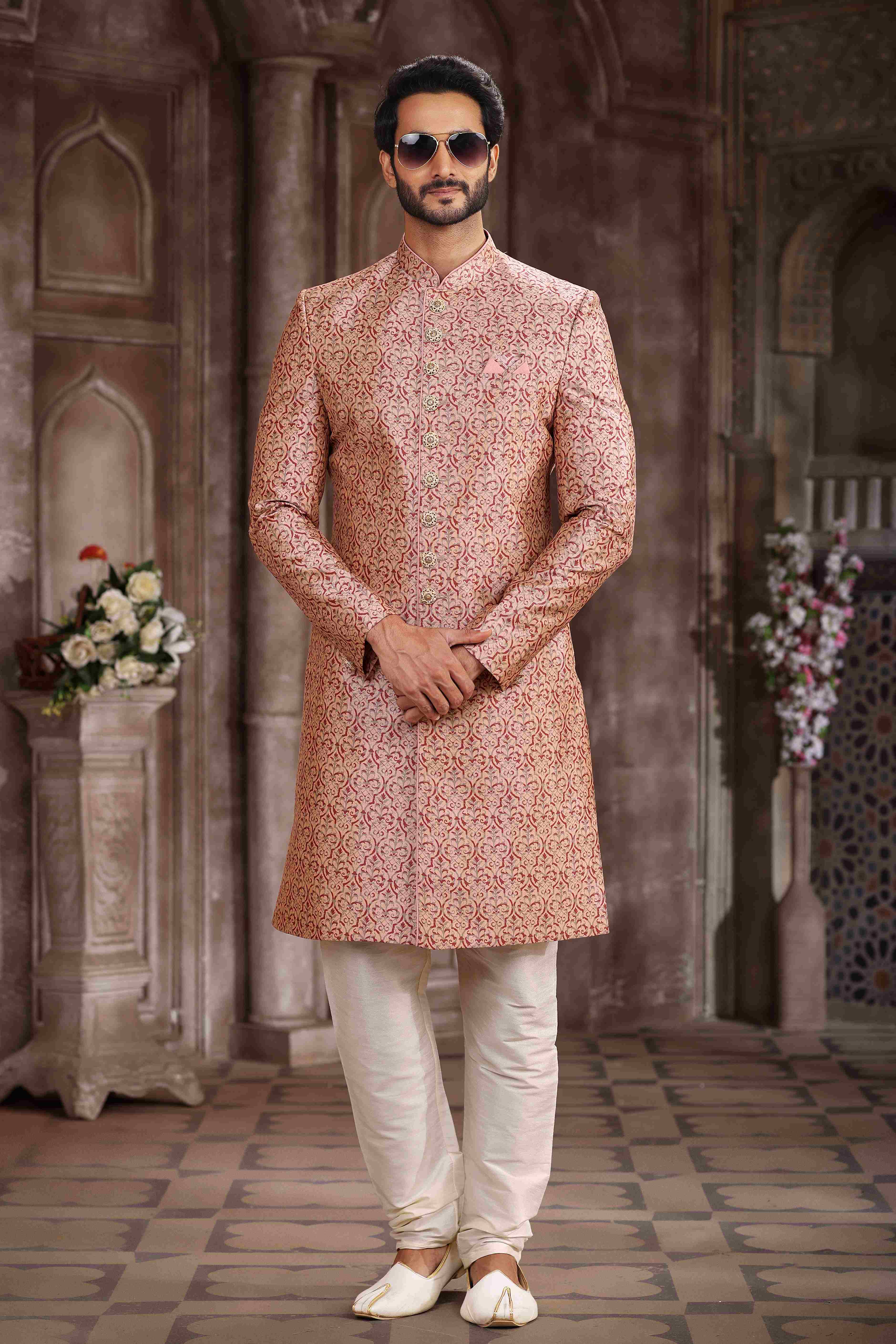 Raivat Ethnic Art Silk Digital Print Sherwani In Pink Colour | Grocsy