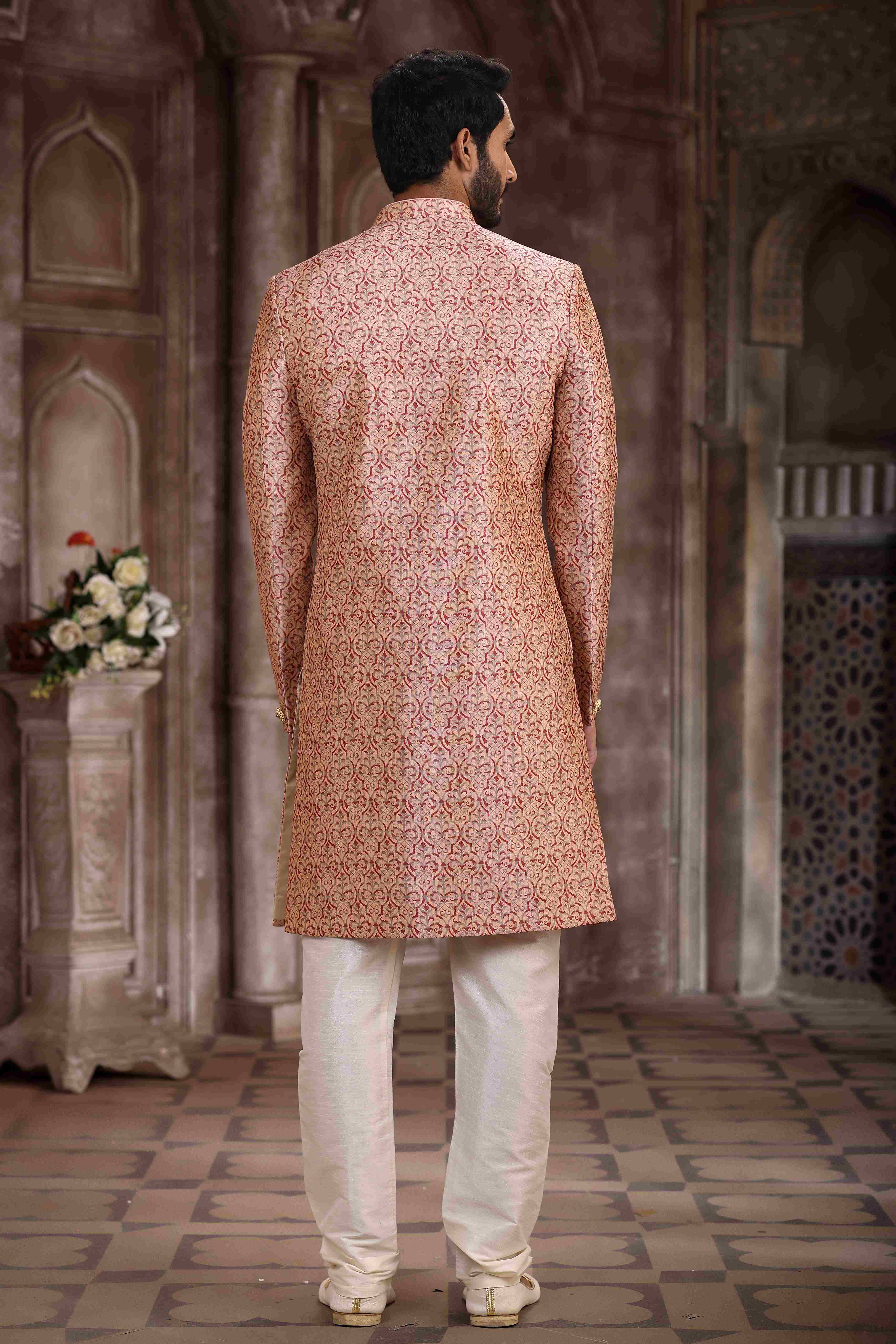 Raivat Ethnic Art Silk Digital Print Sherwani In Pink Colour | Grocsy