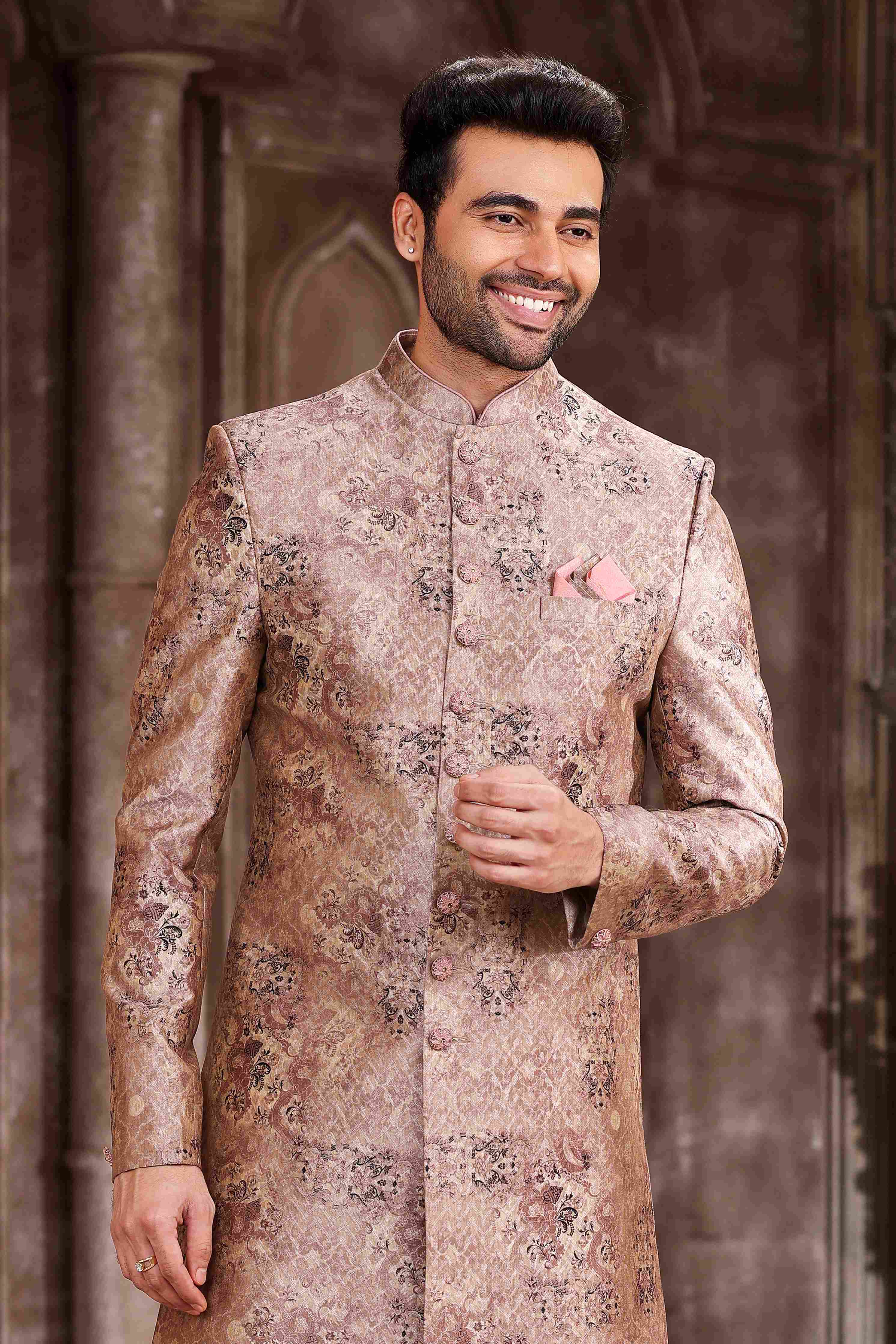 Raivat Ethnic Art Silk Digital Print Sherwani In Peach Colour | Grocsy