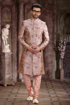 Raivat Ethnic Art Silk Digital Print Sherwani In Peach Colour | Grocsy