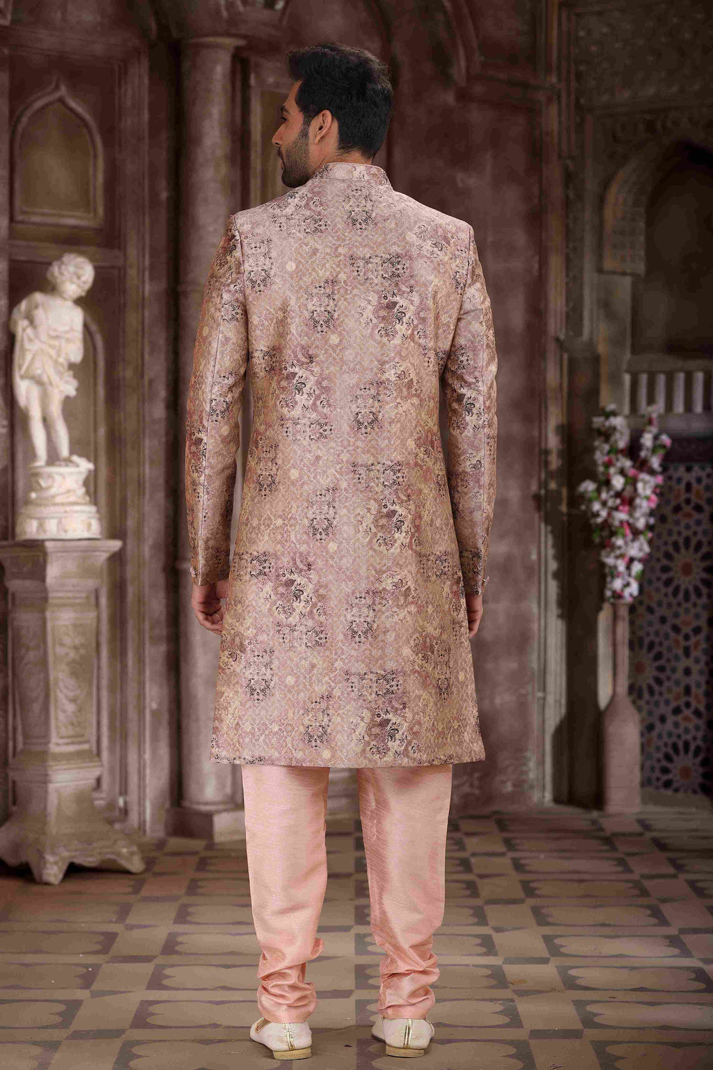 Raivat Ethnic Art Silk Digital Print Sherwani In Peach Colour | Grocsy