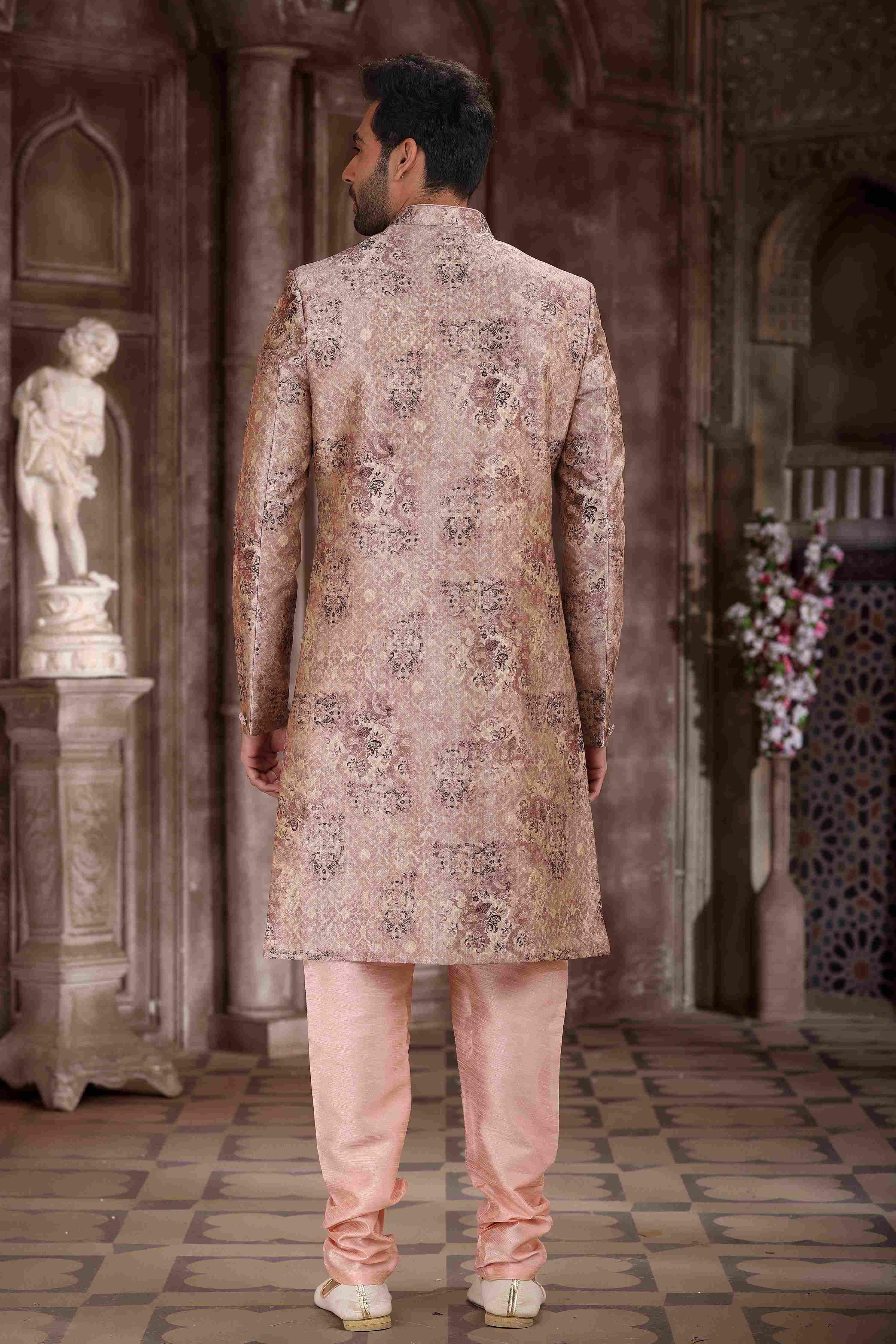 Raivat Ethnic Art Silk Digital Print Sherwani In Peach Colour | Grocsy