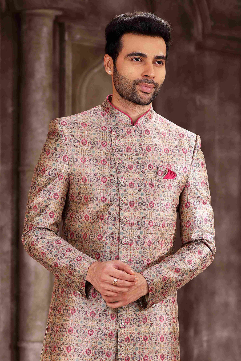 Raivat Ethnic Art Silk Digital Print Sherwani In Pink Colour | Grocsy