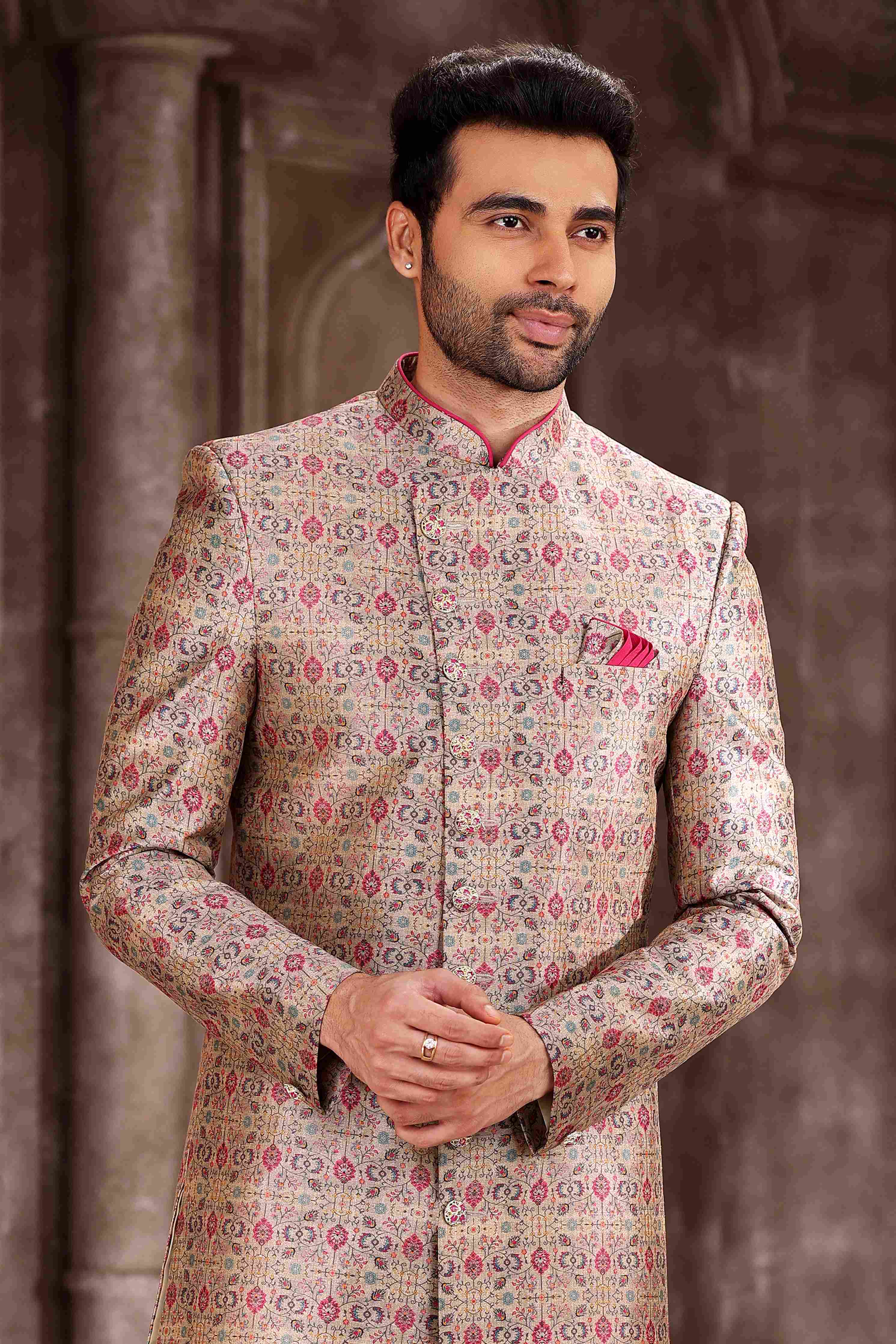 Raivat Ethnic Art Silk Digital Print Sherwani In Pink Colour | Grocsy