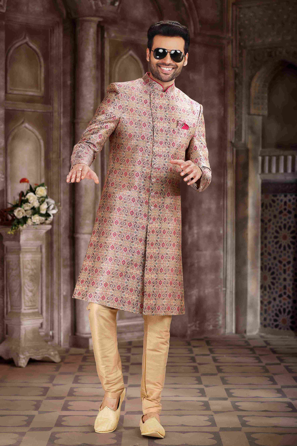 Raivat Ethnic Art Silk Digital Print Sherwani In Pink Colour | Grocsy