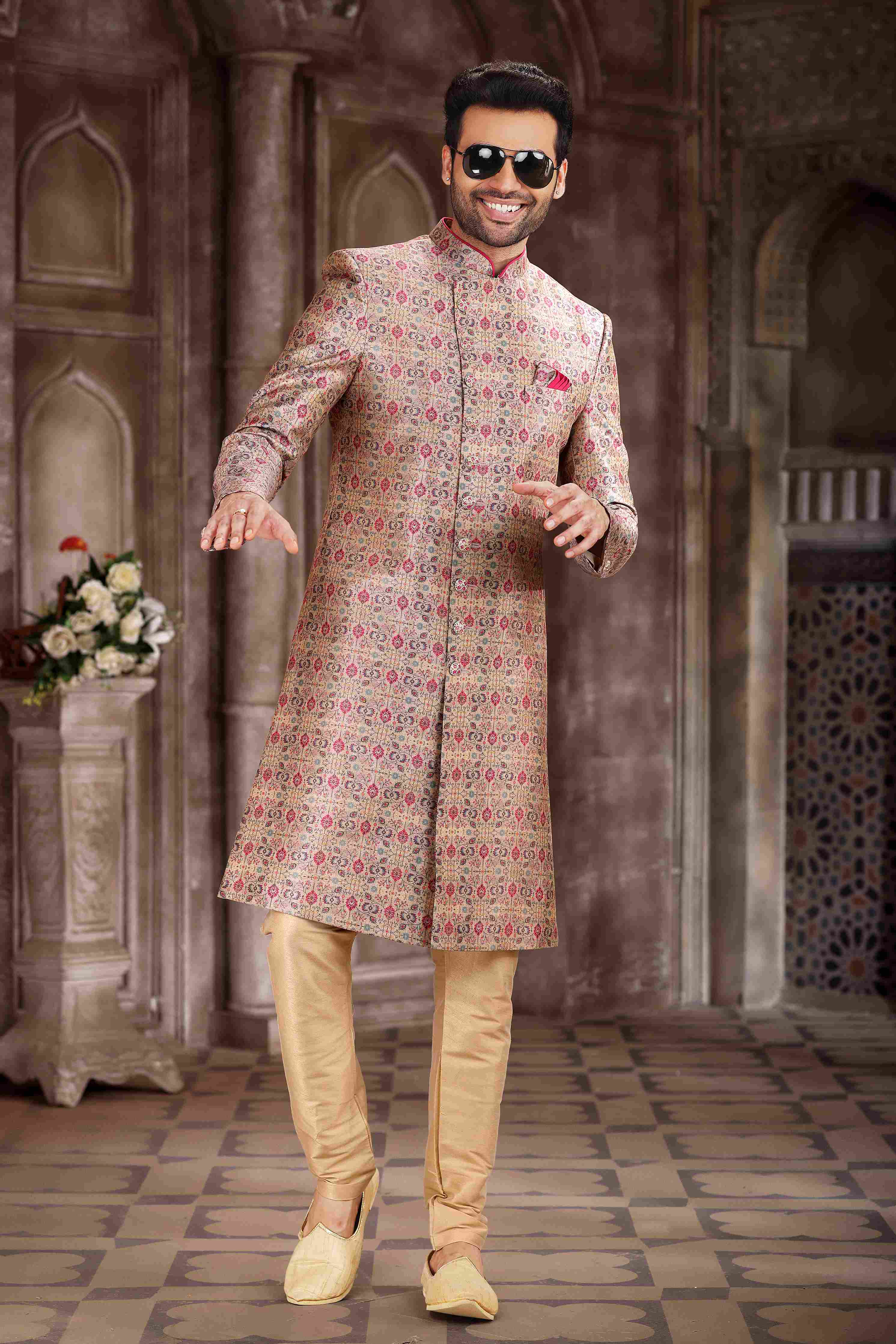 Raivat Ethnic Art Silk Digital Print Sherwani In Pink Colour | Grocsy