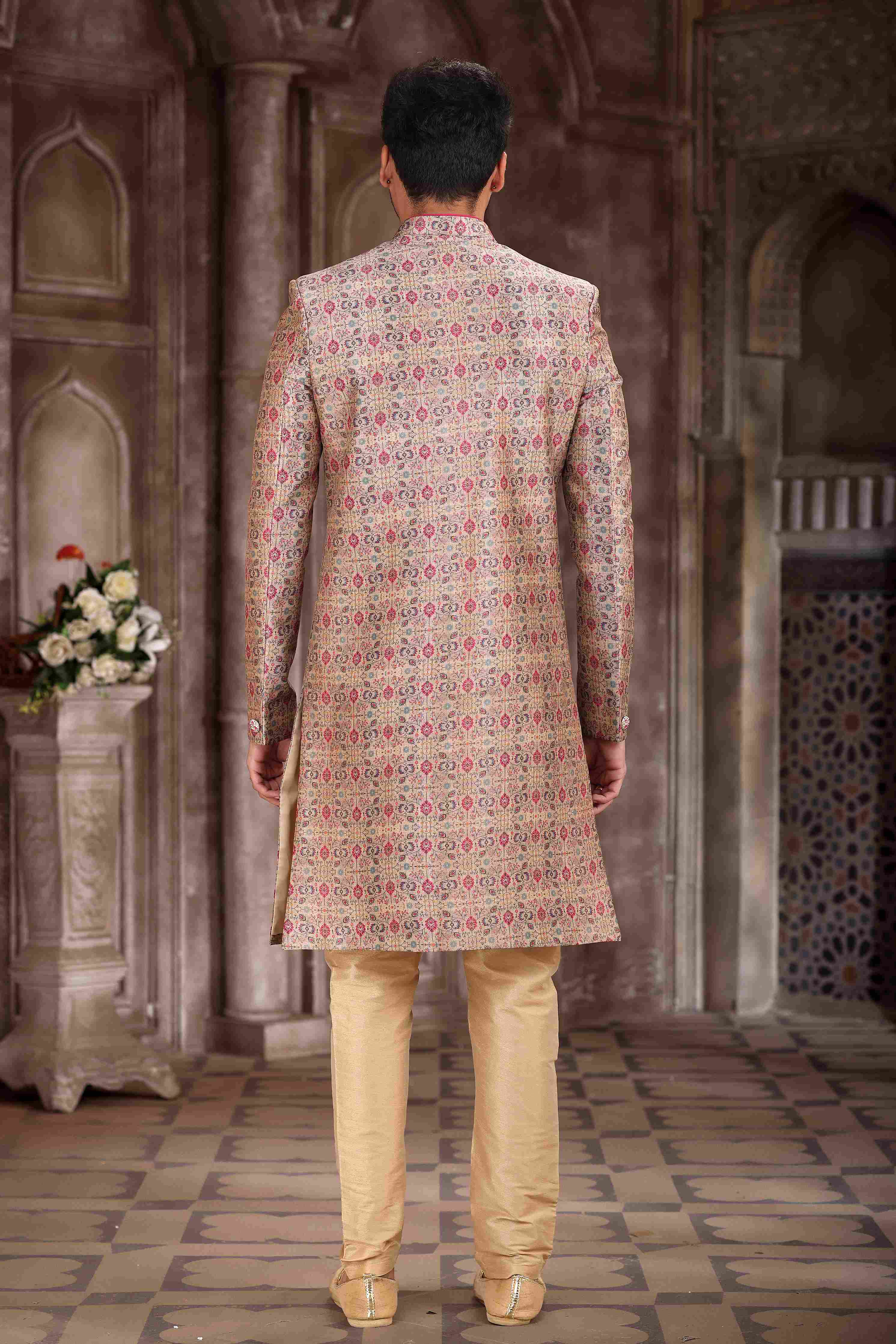 Raivat Ethnic Art Silk Digital Print Sherwani In Pink Colour | Grocsy