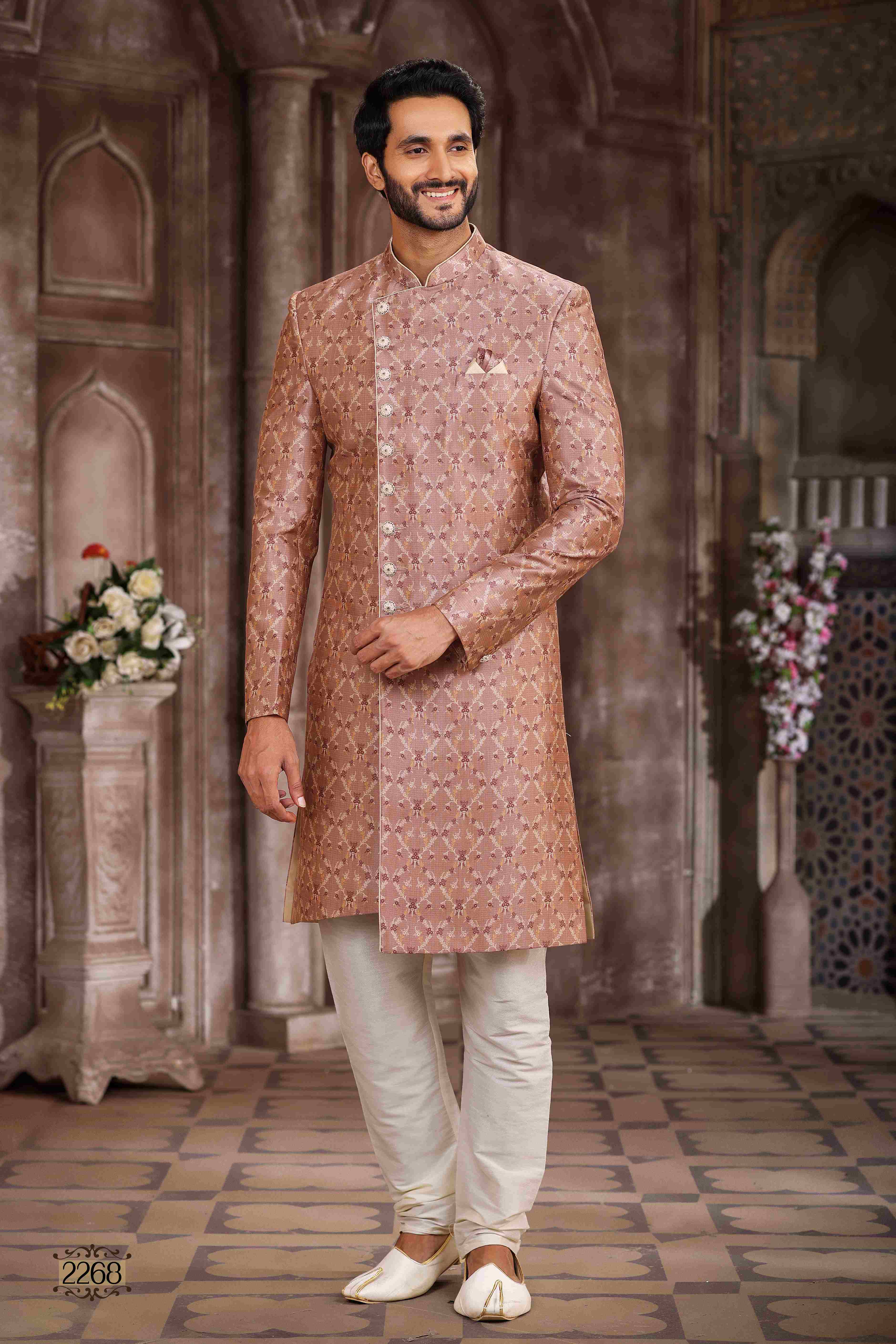 Raivat Ethnic Art Silk Digital Print Sherwani In Onion Pink Colour | Grocsy