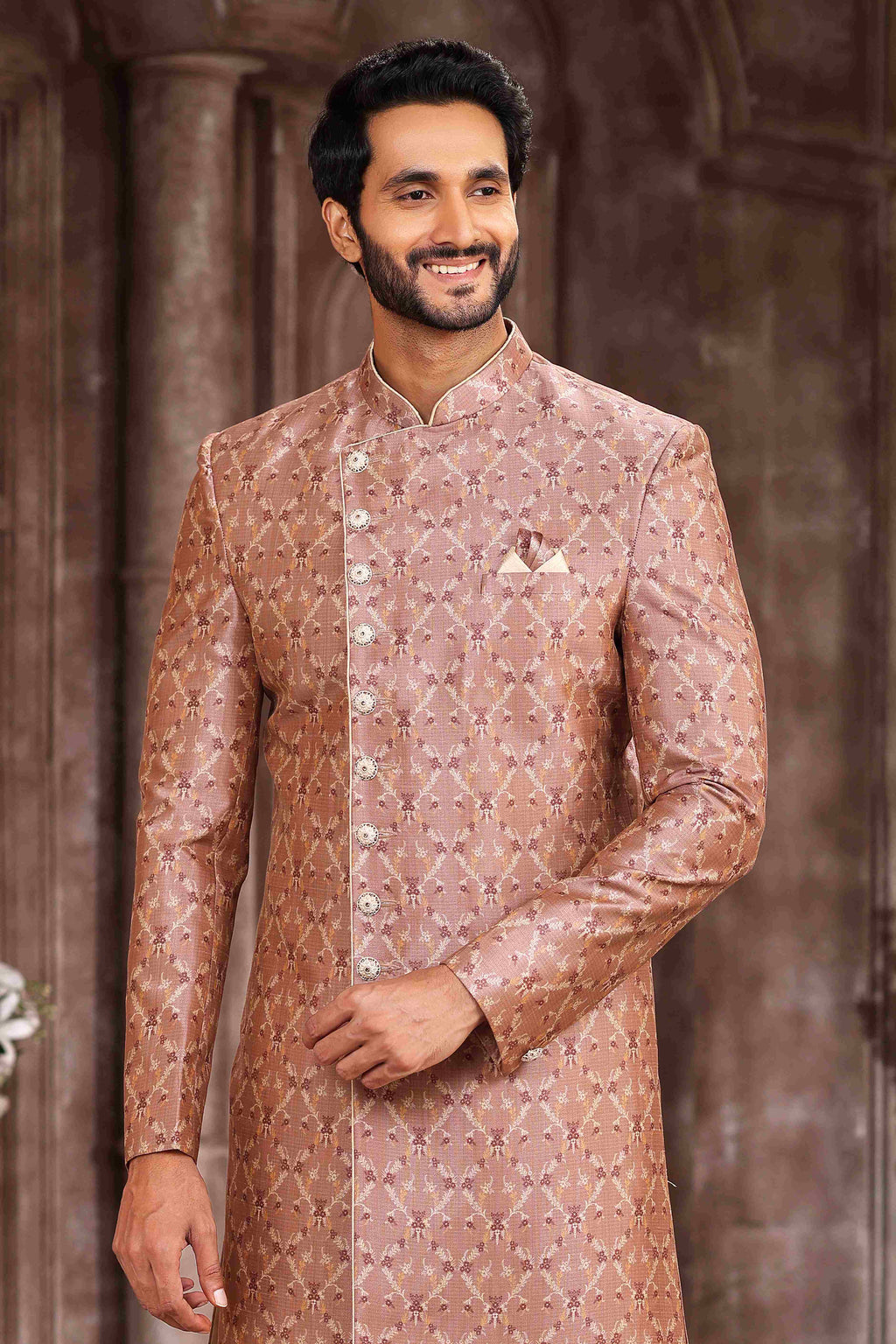 Raivat Ethnic Art Silk Digital Print Sherwani In Onion Pink Colour | Grocsy