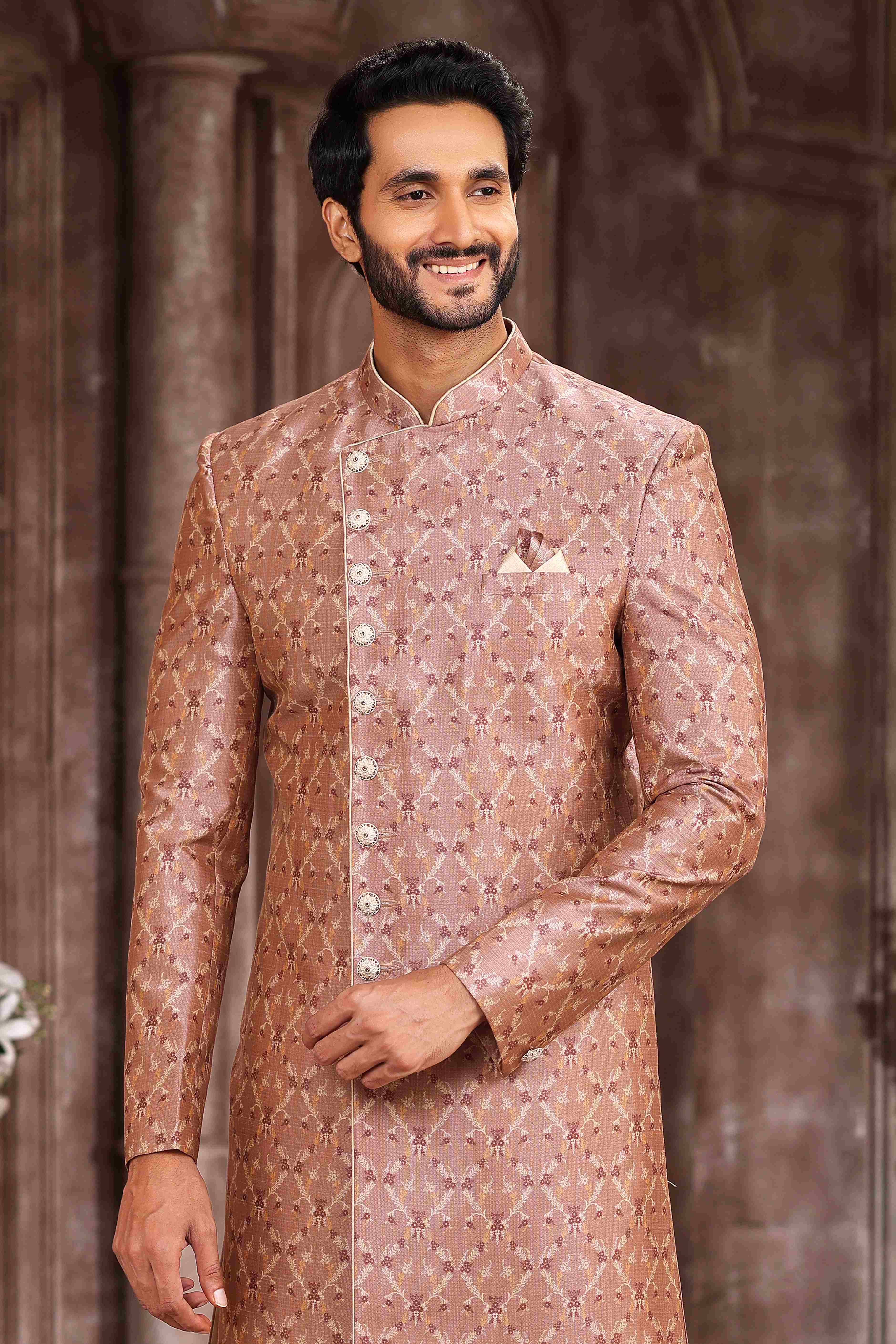 Raivat Ethnic Art Silk Digital Print Sherwani In Onion Pink Colour | Grocsy