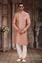 Raivat Ethnic Art Silk Digital Print Sherwani In Onion Pink Colour | Grocsy