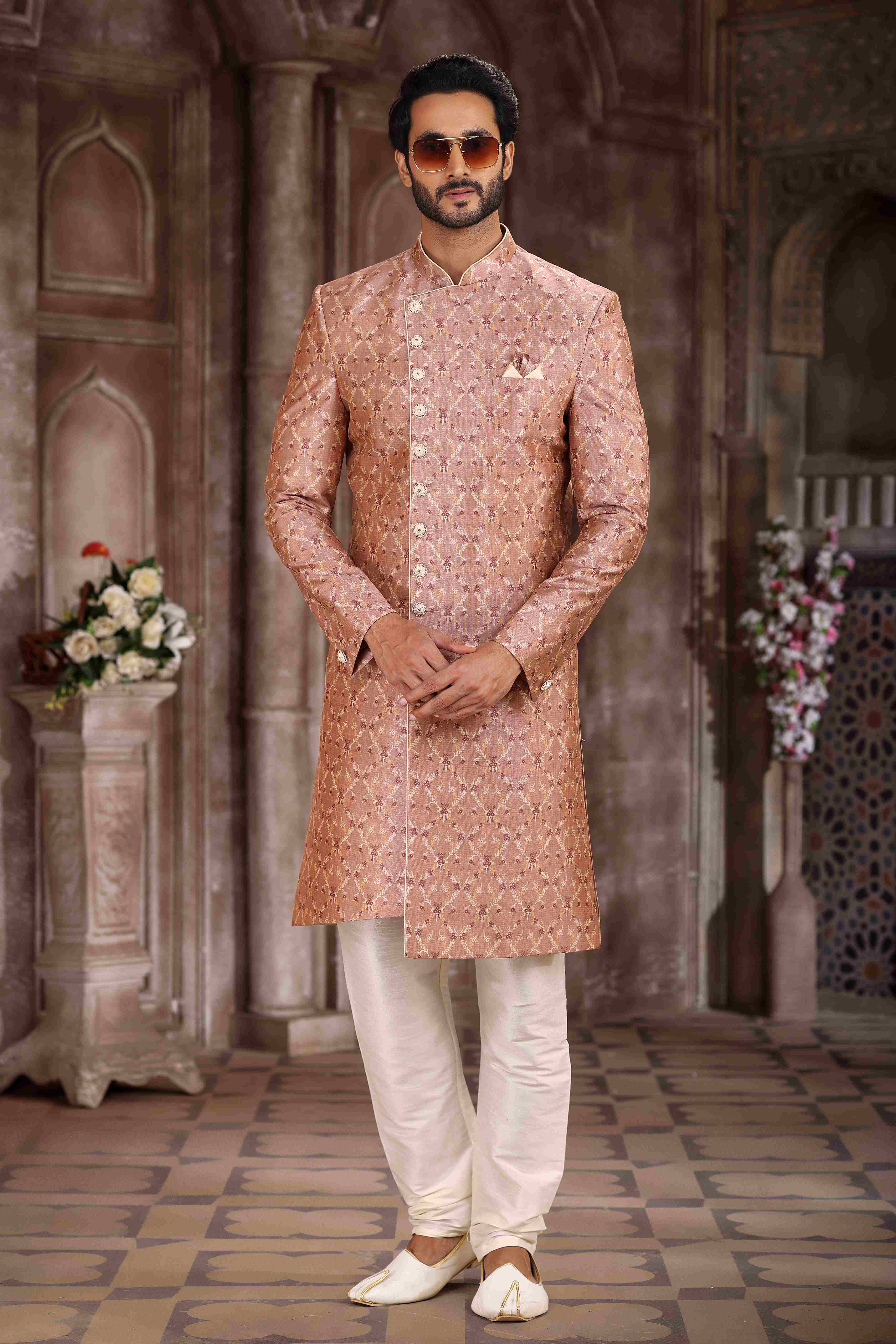 Raivat Ethnic Art Silk Digital Print Sherwani In Onion Pink Colour | Grocsy