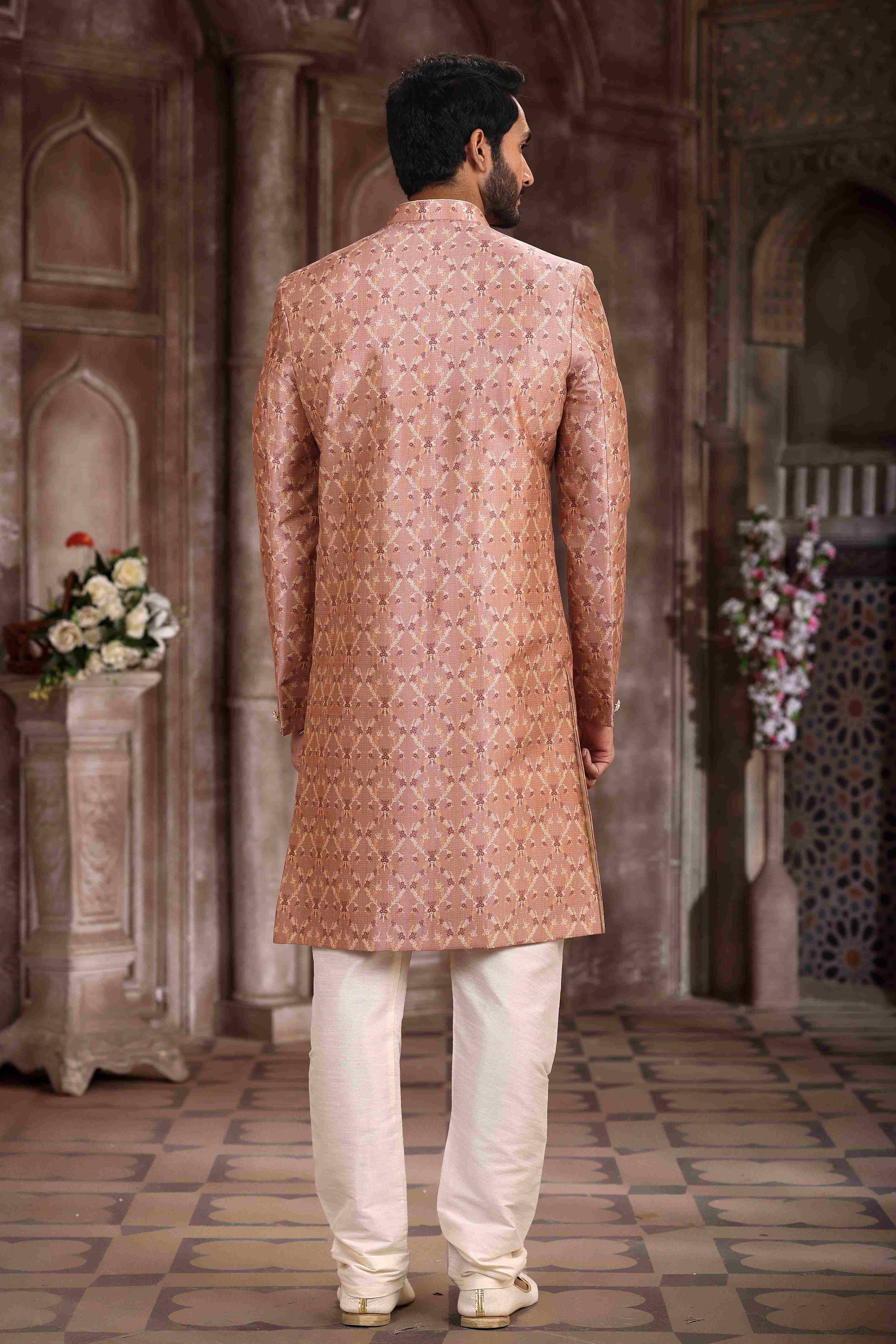 Raivat Ethnic Art Silk Digital Print Sherwani In Onion Pink Colour | Grocsy