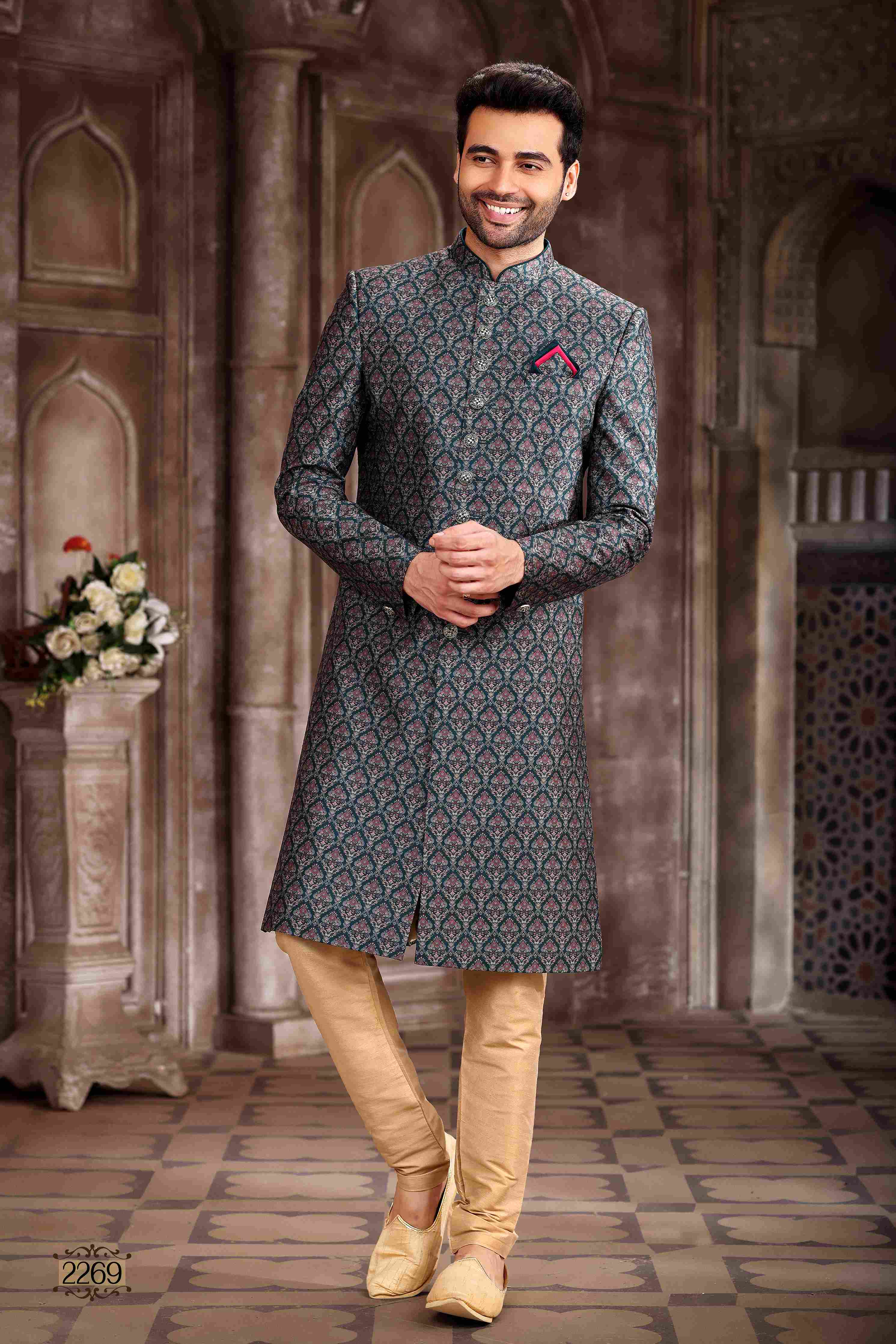 Raivat Ethnic Art Silk Digital Print Sherwani In Green Colour | Grocsy