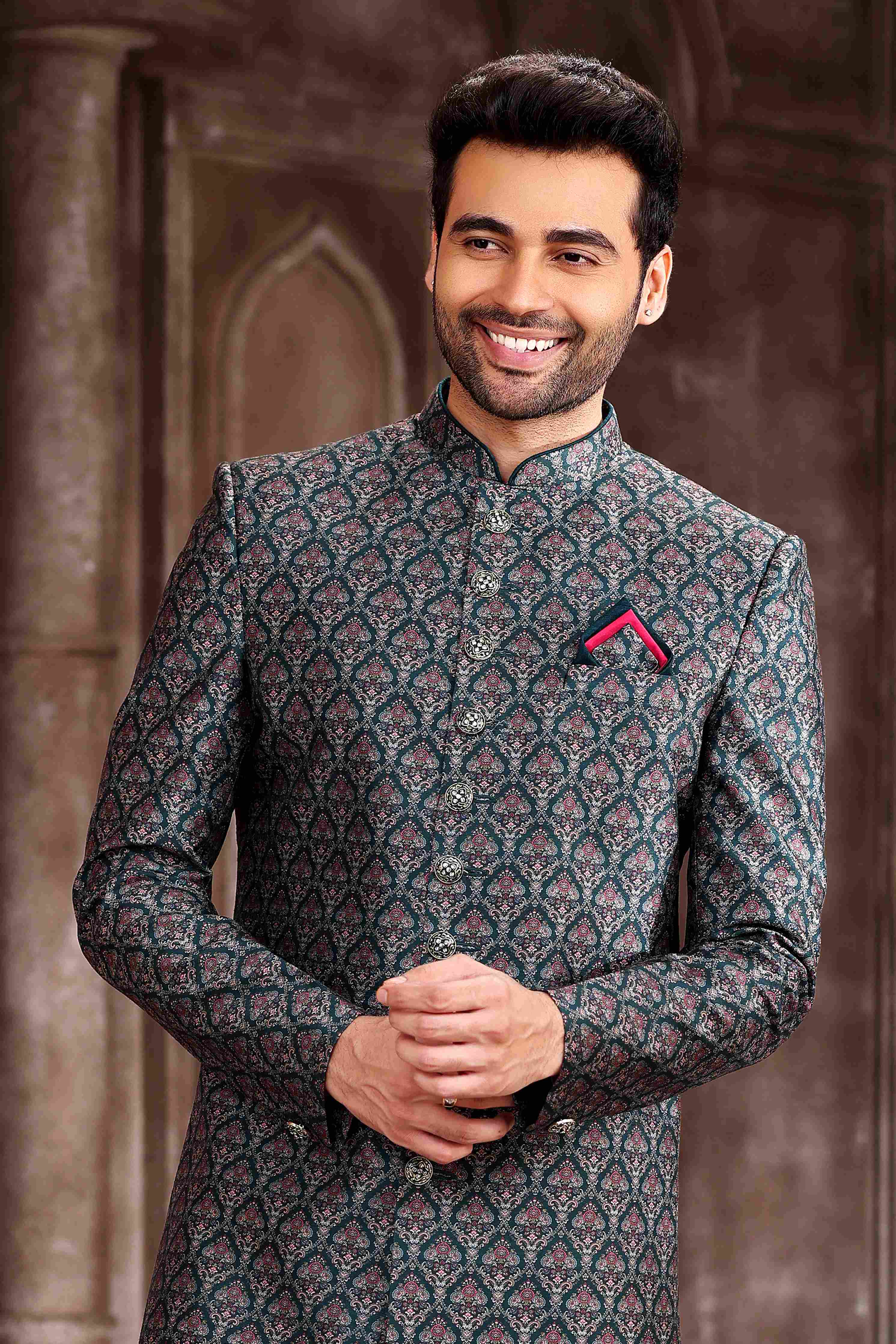 Raivat Ethnic Art Silk Digital Print Sherwani In Green Colour | Grocsy