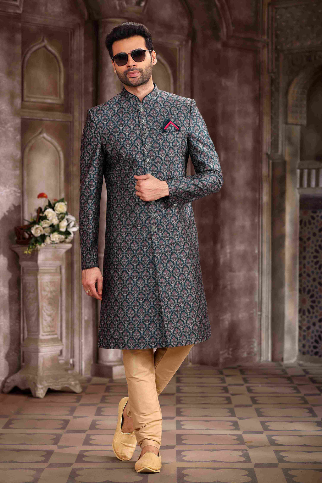 Raivat Ethnic Art Silk Digital Print Sherwani In Green Colour | Grocsy