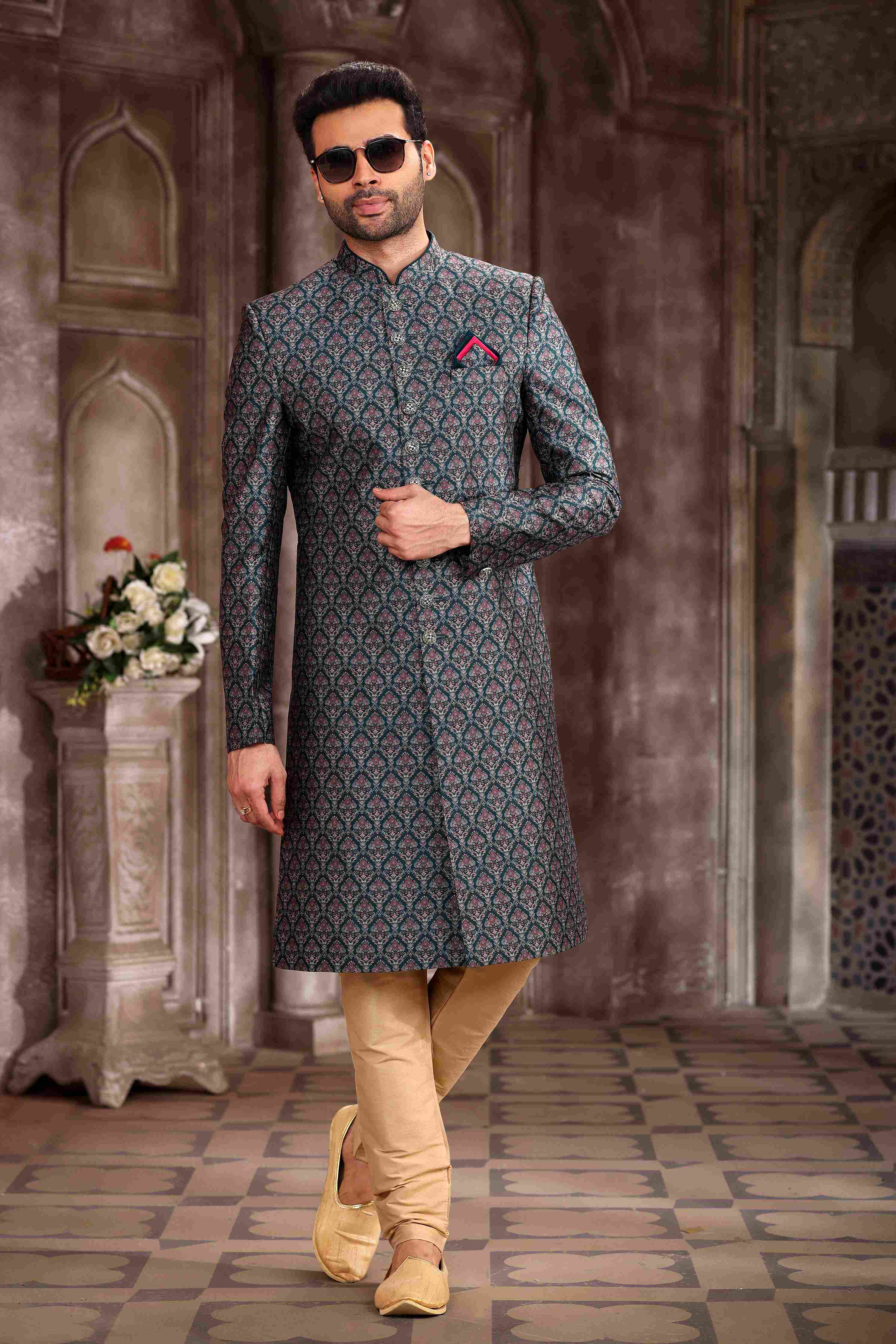 Raivat Ethnic Art Silk Digital Print Sherwani In Green Colour | Grocsy