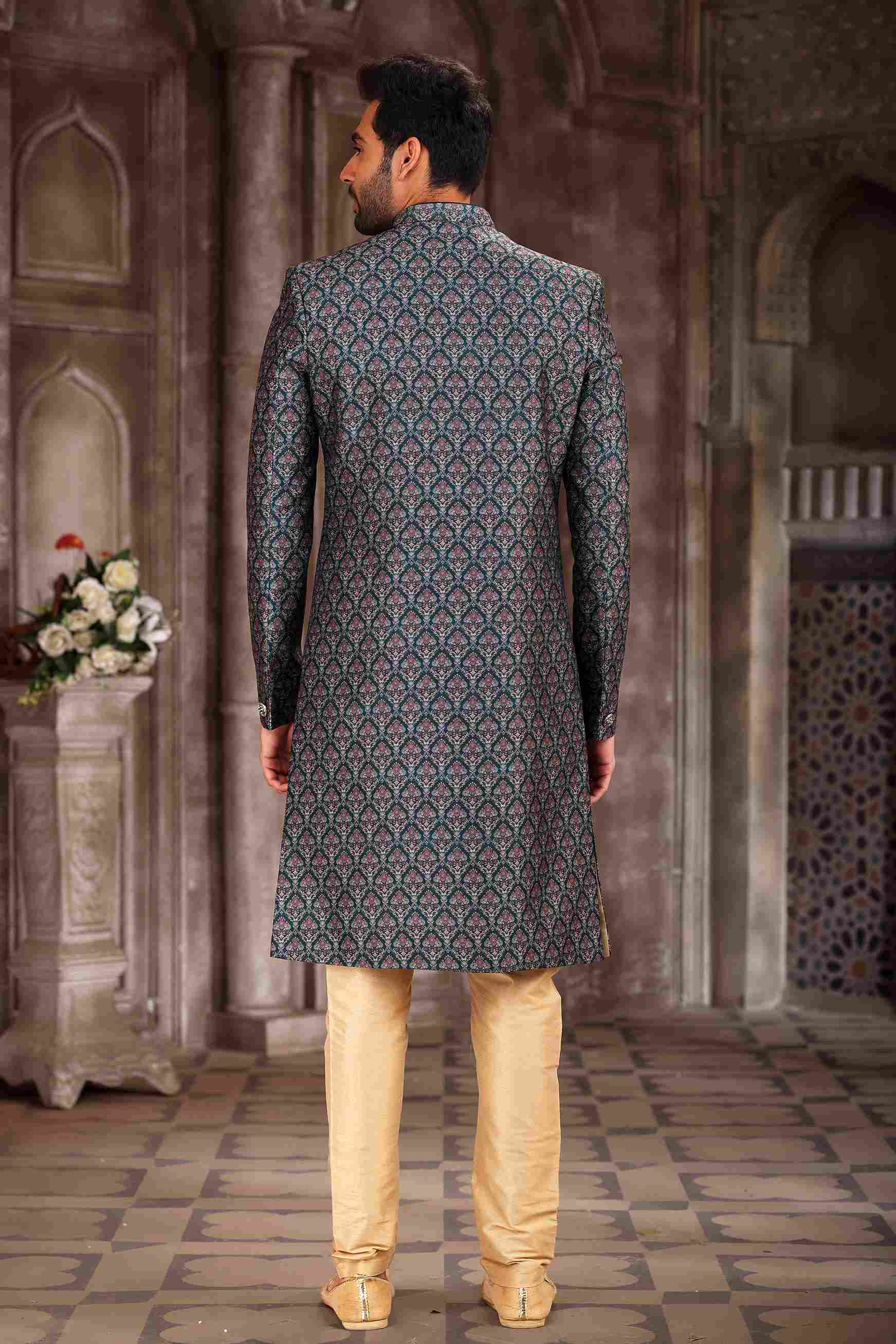 Raivat Ethnic Art Silk Digital Print Sherwani In Green Colour | Grocsy