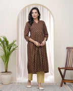 Vaasva Brown Boonta Cotton Printed Gathered Kurti | Grocsy