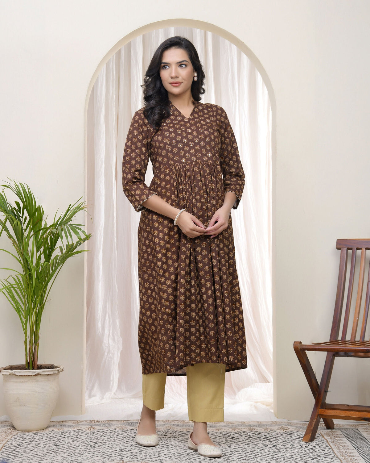 Vaasva Brown Boonta Cotton Printed Gathered Kurti | Grocsy