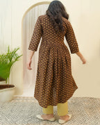 Vaasva Brown Boonta Cotton Printed Gathered Kurti | Grocsy