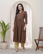 Vaasva Brown Boonta Cotton Printed Gathered Kurti | Grocsy