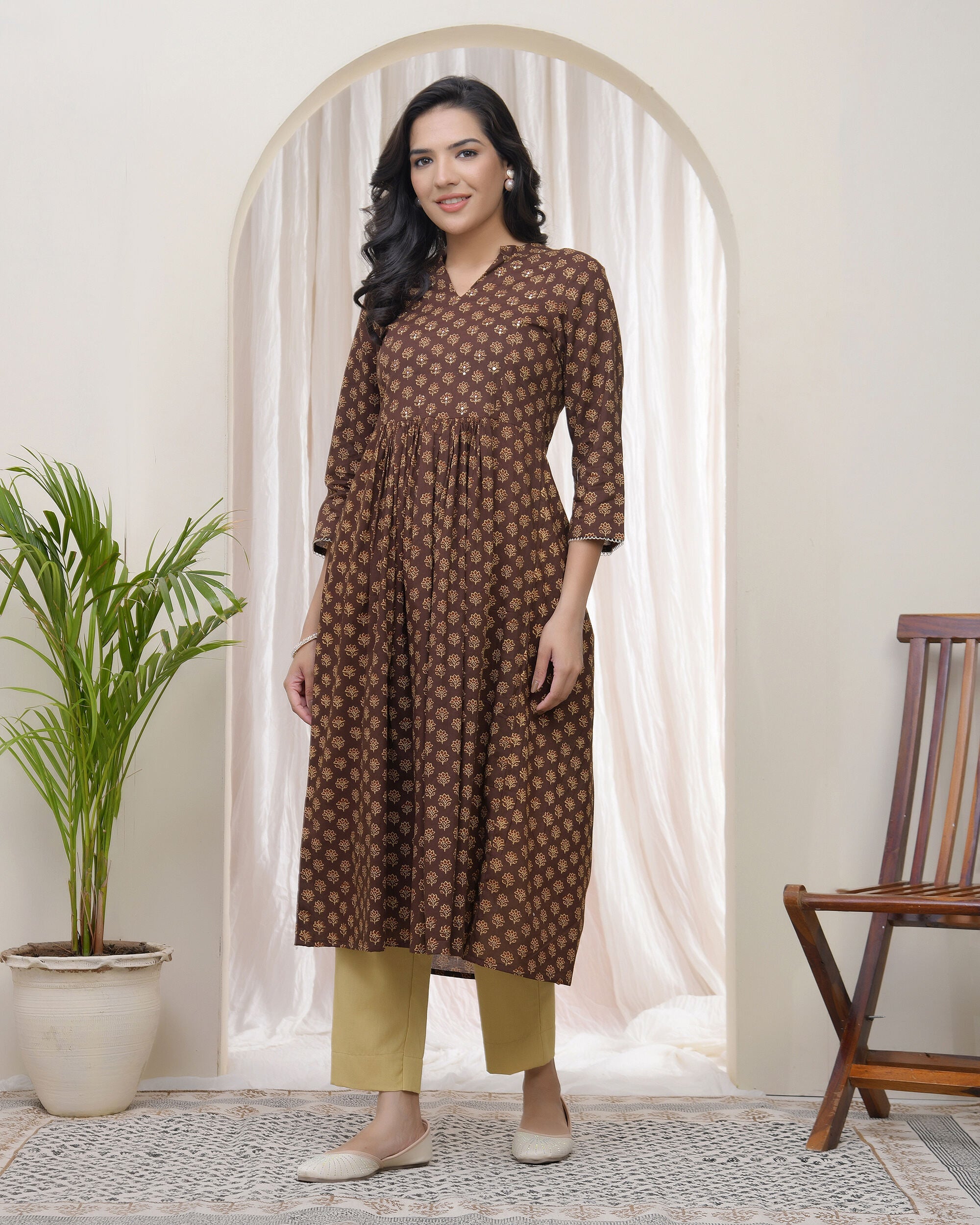 Vaasva Brown Boonta Cotton Printed Gathered Kurti | Grocsy