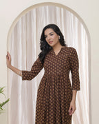 Vaasva Brown Boonta Cotton Printed Gathered Kurti | Grocsy