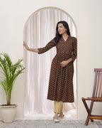 Vaasva Brown Boonta Cotton Printed Gathered Kurti | Grocsy