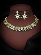 Tehzeeb Creations Luxurious Gold Polished Sea Green Colour Diamond Choker Necklace Set With Matching Earrings | Grocsy