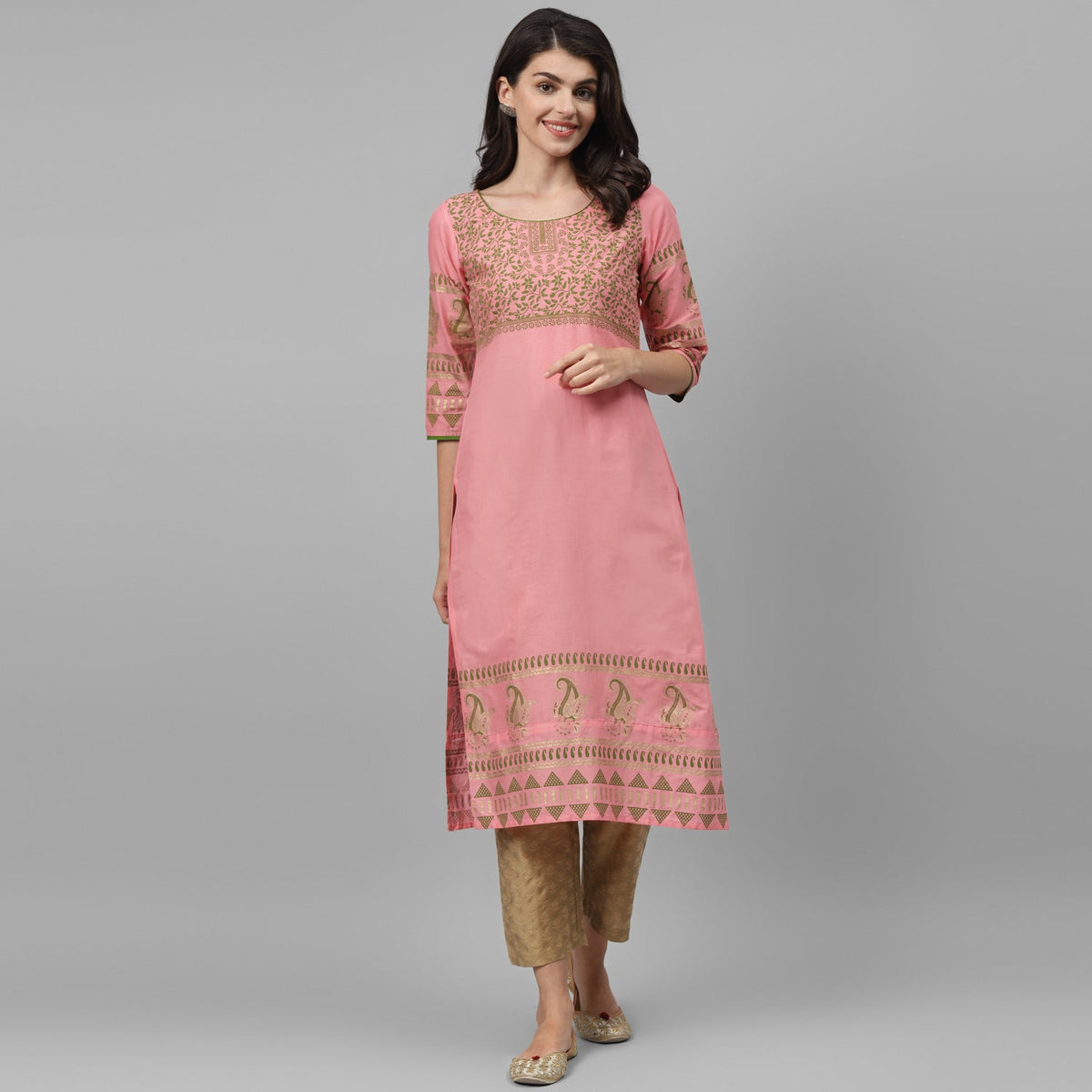 Maai Rayon Hand Printed Kurta Peach | Grocsy