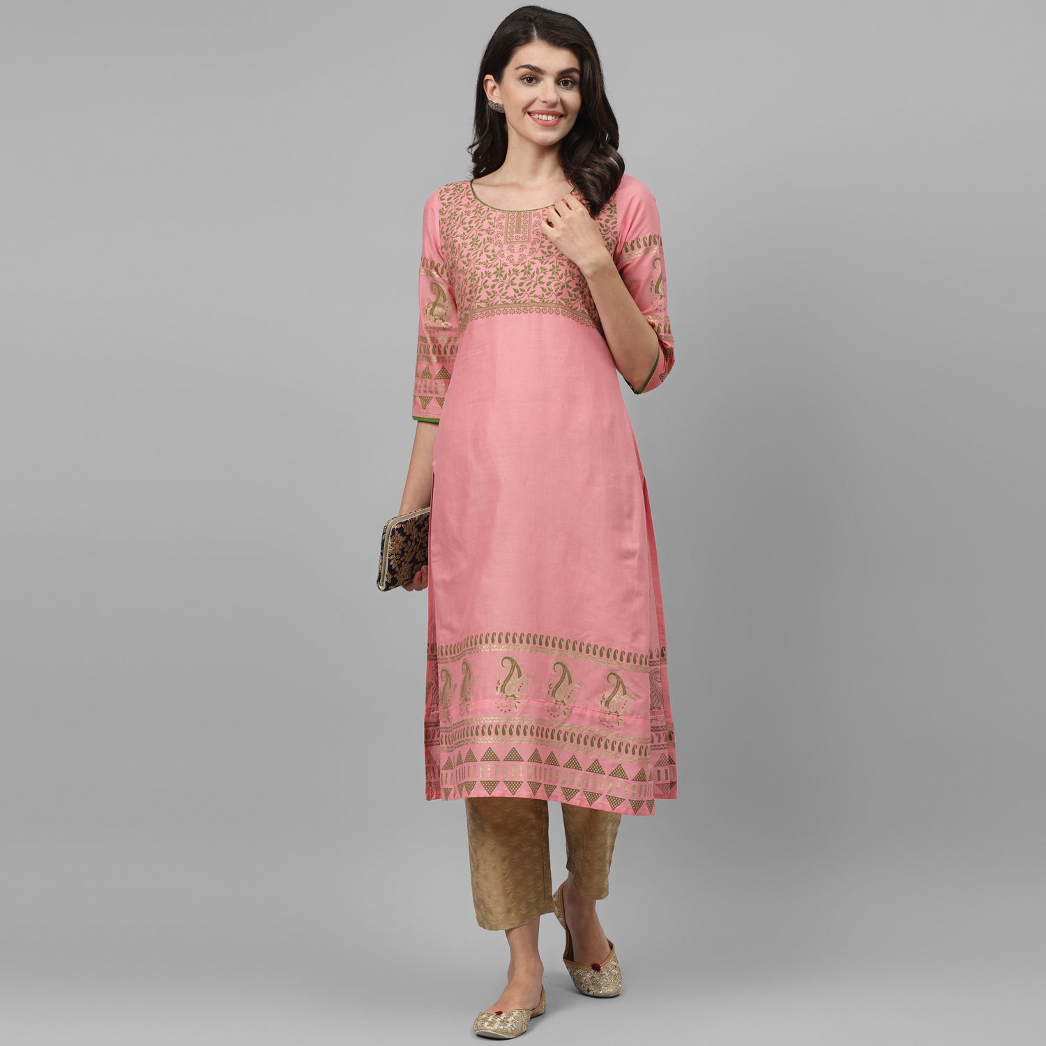 Maai Rayon Hand Printed Kurta Peach | Grocsy