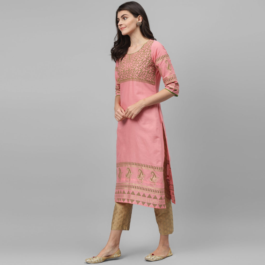 Maai Rayon Hand Printed Kurta Peach | Grocsy