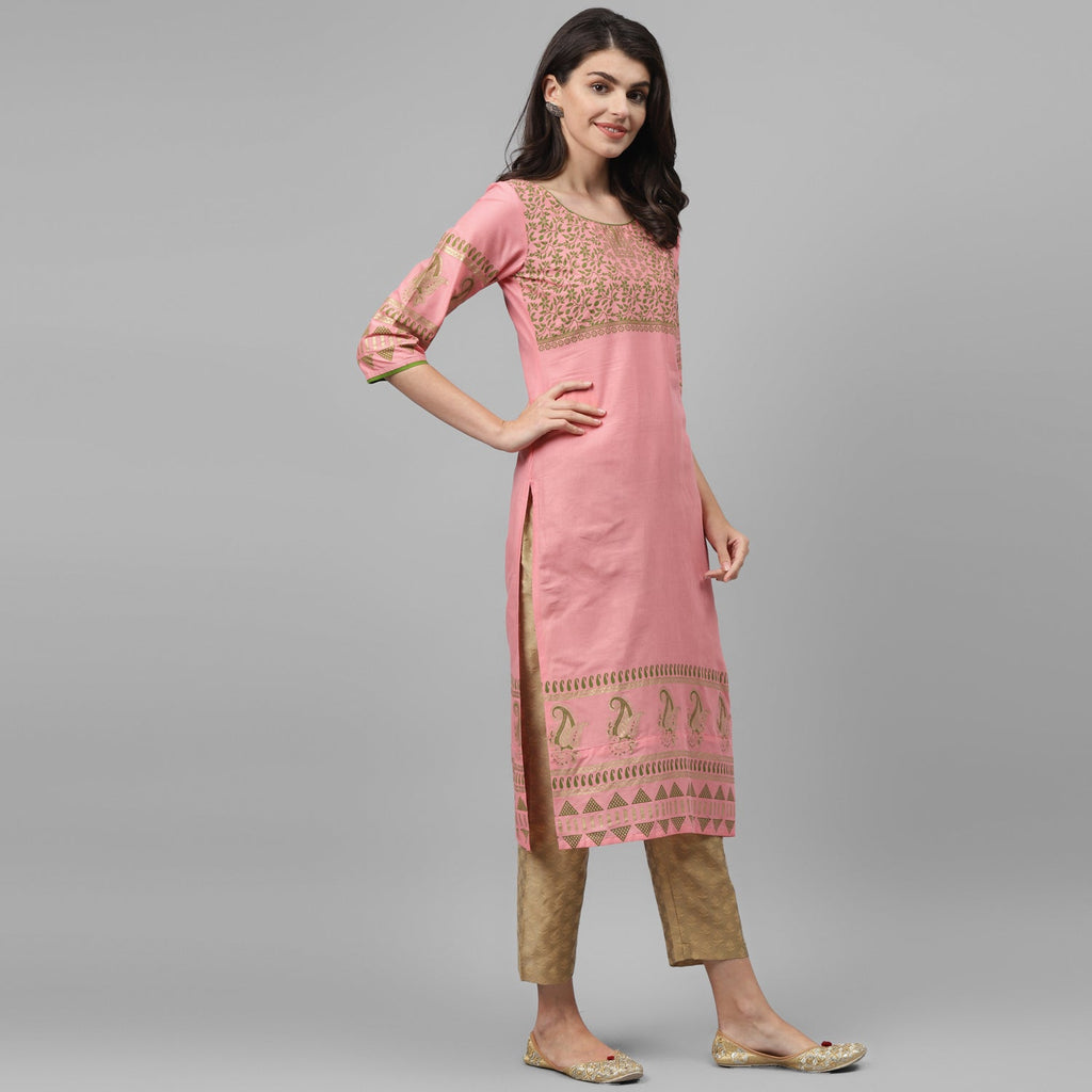 Maai Rayon Hand Printed Kurta Peach | Grocsy