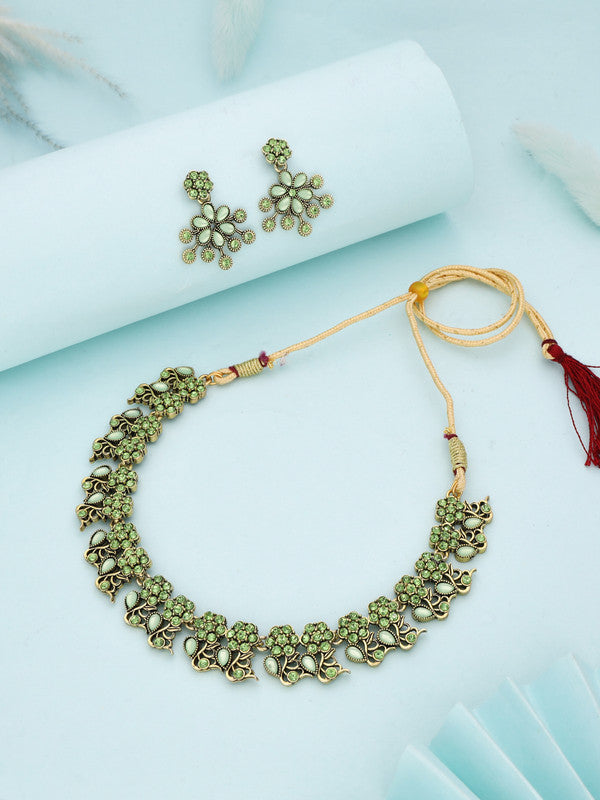 Tehzeeb Creations Luxurious Gold Polished Sea Green Colour Diamond Choker Necklace Set With Matching Earrings | Grocsy
