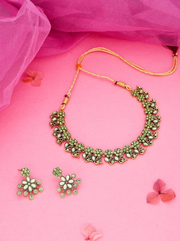 Tehzeeb Creations Luxurious Gold Polished Sea Green Colour Diamond Choker Necklace Set With Matching Earrings | Grocsy