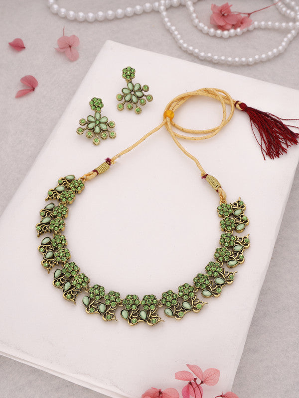 Tehzeeb Creations Luxurious Gold Polished Sea Green Colour Diamond Choker Necklace Set With Matching Earrings | Grocsy