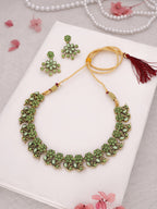 Tehzeeb Creations Luxurious Gold Polished Sea Green Colour Diamond Choker Necklace Set With Matching Earrings | Grocsy