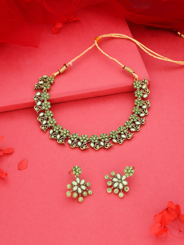 Tehzeeb Creations Luxurious Gold Polished Sea Green Colour Diamond Choker Necklace Set With Matching Earrings | Grocsy