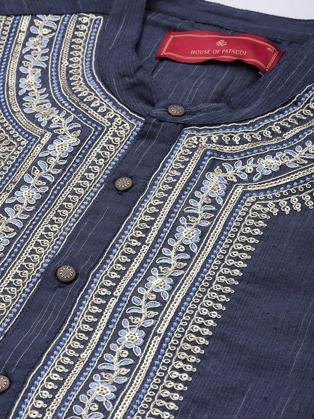 House of Pataudi Men Navy Blue Embroidered Striped Pattern Jashn Kurta | Grocsy