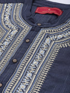 House of Pataudi Men Navy Blue Embroidered Striped Pattern Jashn Kurta | Grocsy