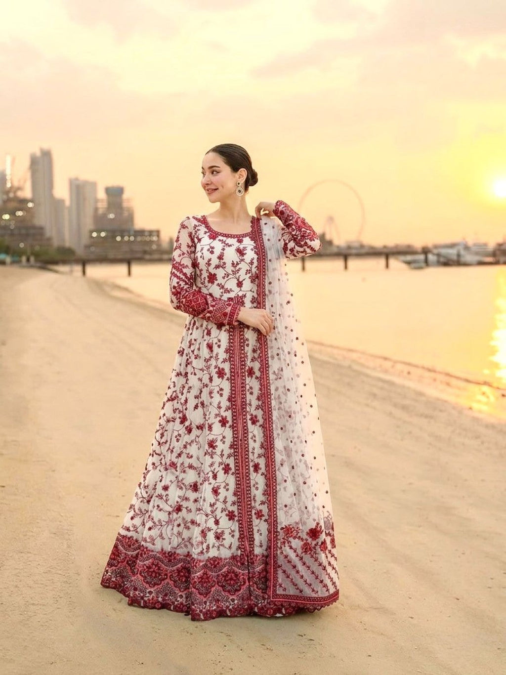 Anaita Red & White Faux Georgette Readymade Suit with Embroidery & Tassels attached | Grocsy