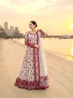 Anaita Red & White Faux Georgette Readymade Suit with Embroidery & Tassels attached | Grocsy