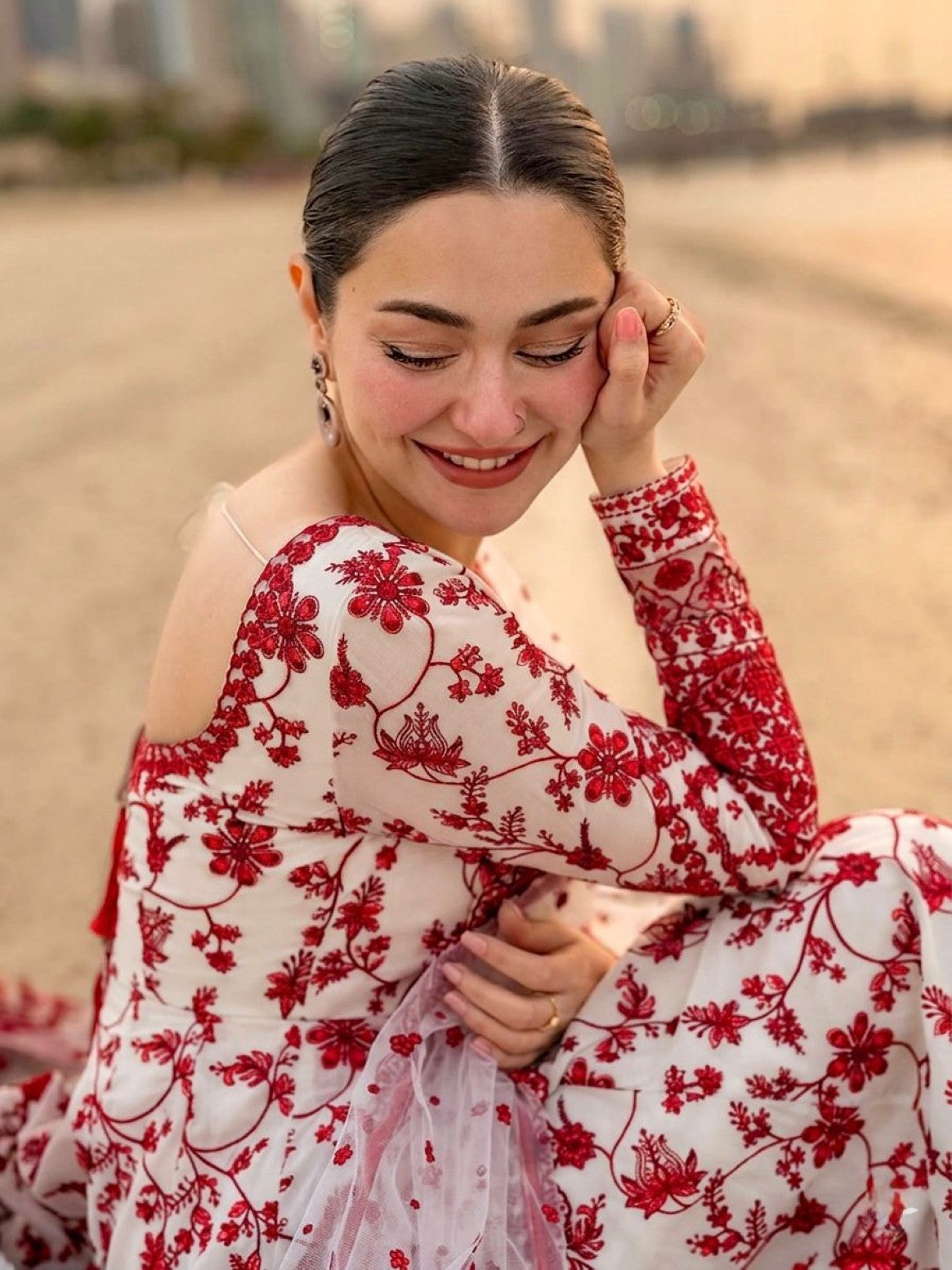 Anaita Red & White Faux Georgette Readymade Suit with Embroidery & Tassels attached | Grocsy